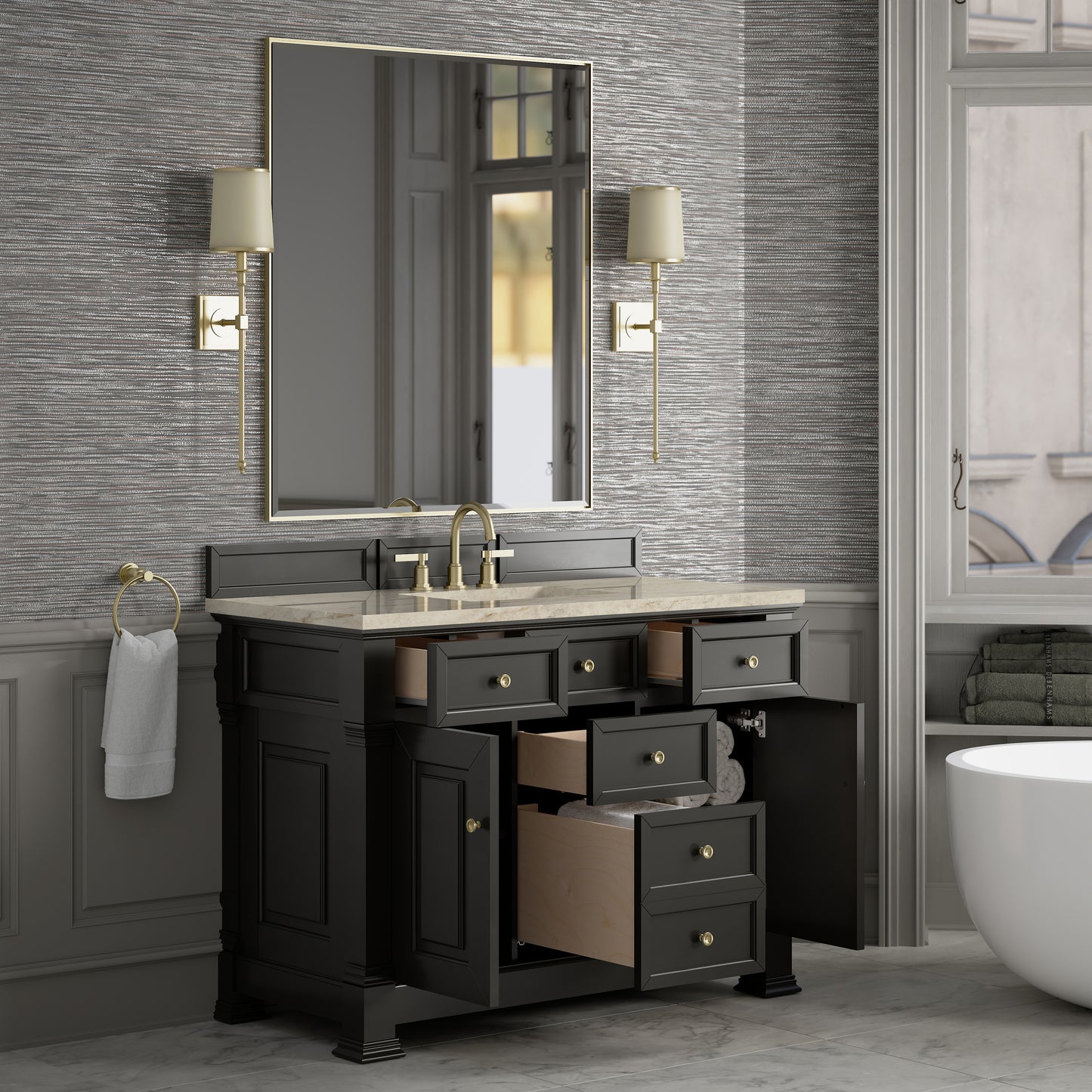 Renovate for Less Atlanta Brookfield 48" Single Vanity, Black Onyx, w/ 3 CM Tajnar Eclos Top w/FreePower Wireless Charger