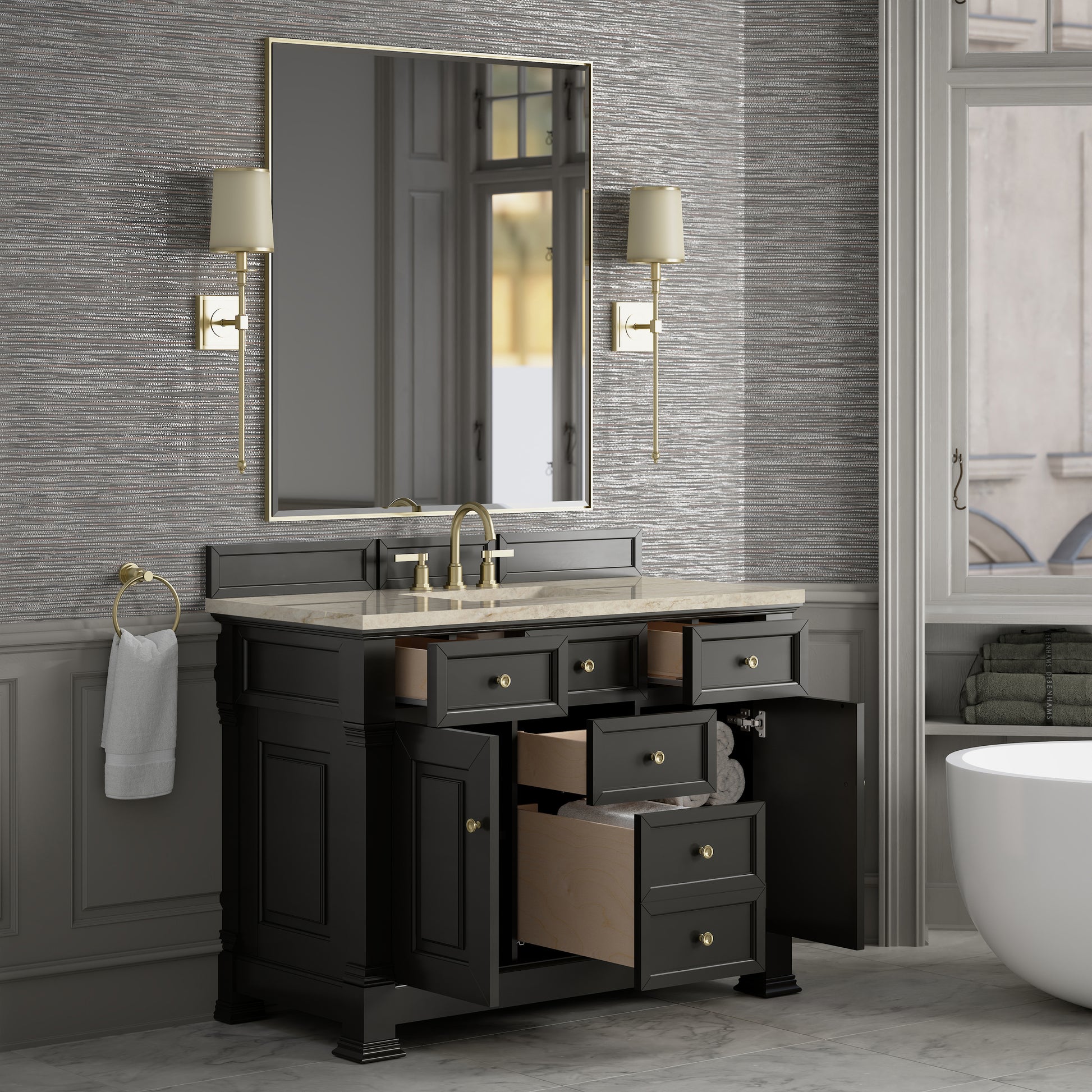Renovate for Less Atlanta Brookfield 48" Single Vanity, Black Onyx, w/ 3 CM Tajnar Eclos Top w/FreePower Wireless Charger