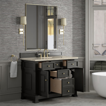 Renovate for Less Atlanta Brookfield 48" Single Vanity, Black Onyx, w/ 3 CM Tajnar Eclos Top w/FreePower Wireless Charger