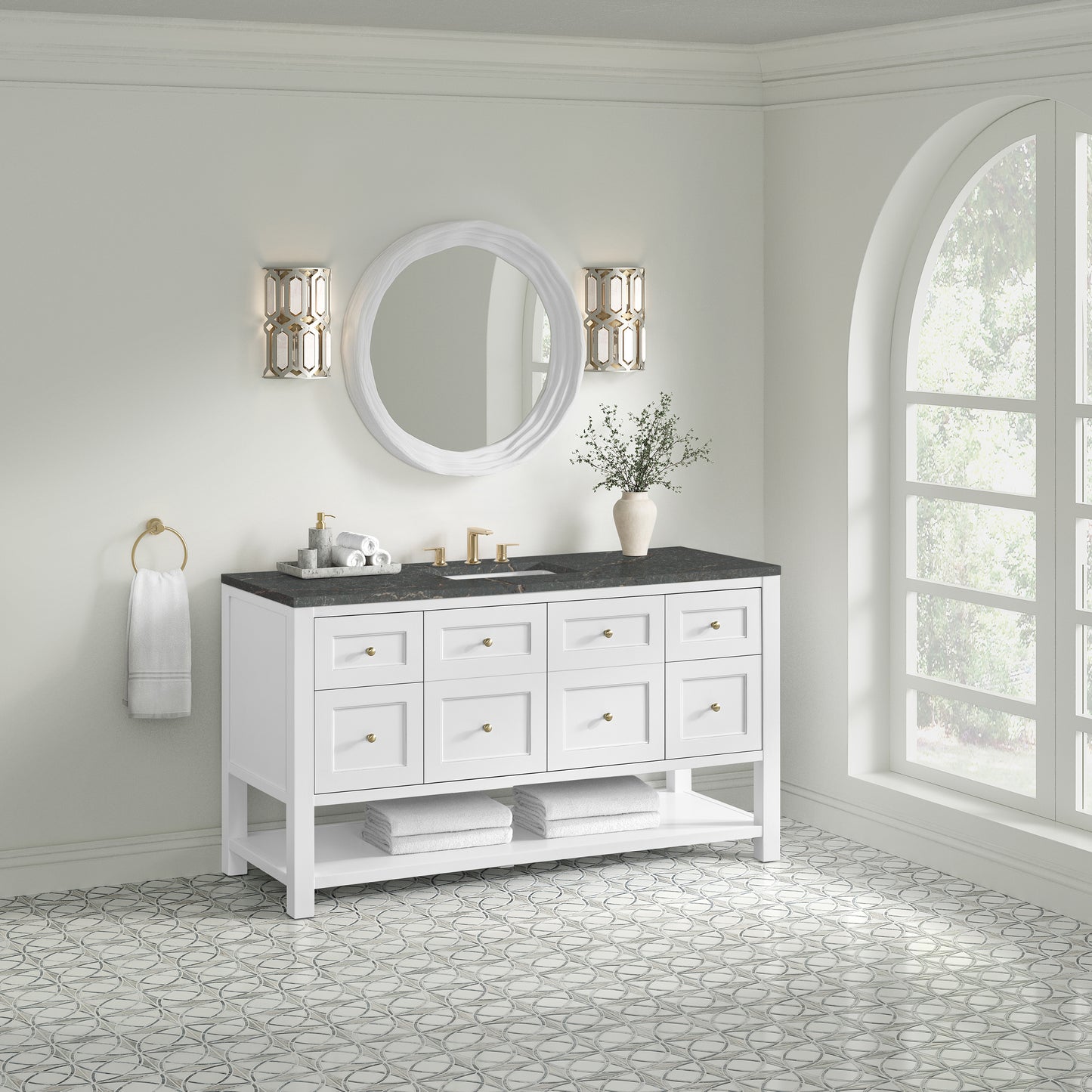 Renovate for Less Atlanta Breckenridge 60" Single Vanity Cabinet, Bright White w/ 3 CM Parisien Bleu Top w/ FreePower Wireless Charger