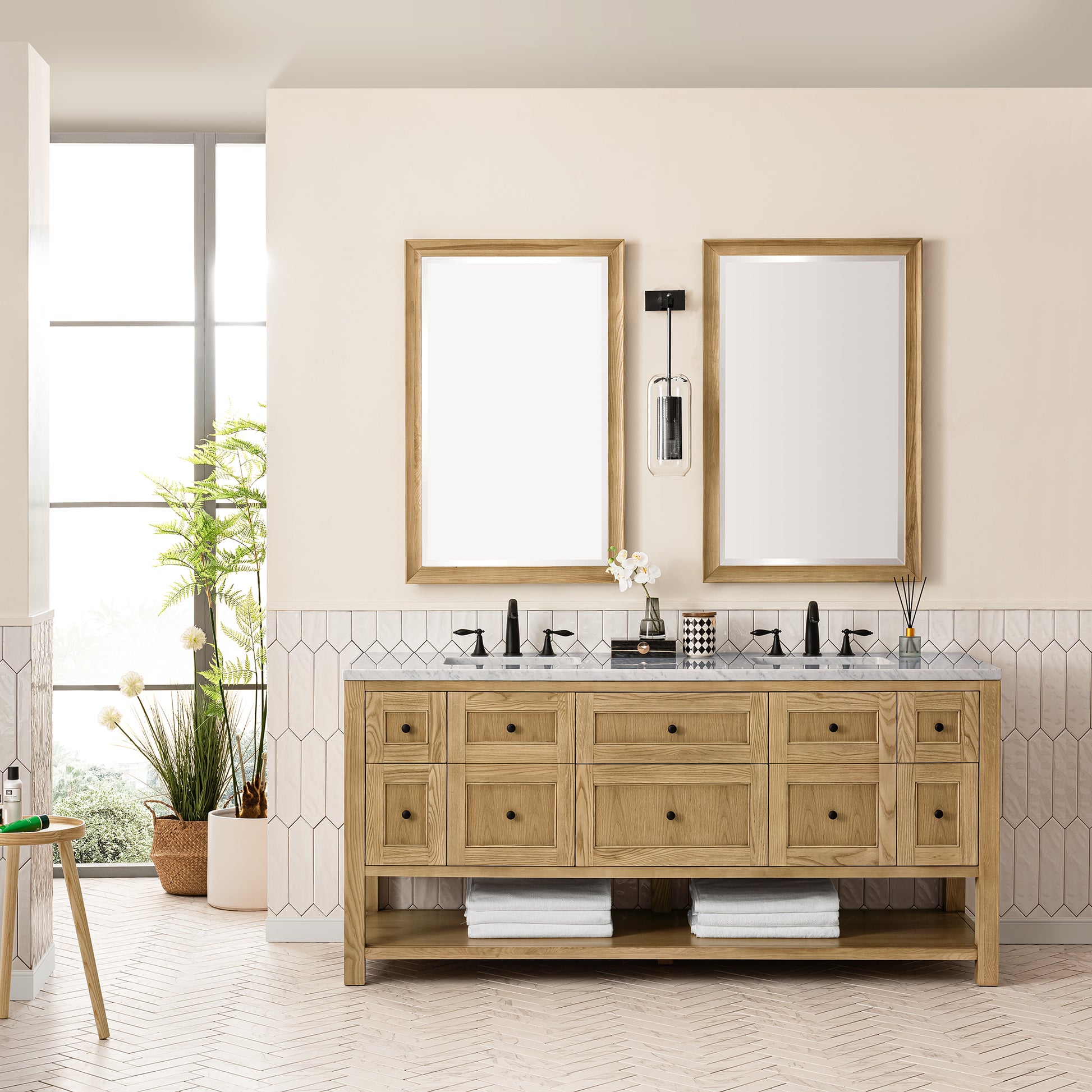 Renovate for Less Atlanta Breckenridge 72" Double Vanity, Light Natural Oak w/ 3 CM Carrara Marble Top