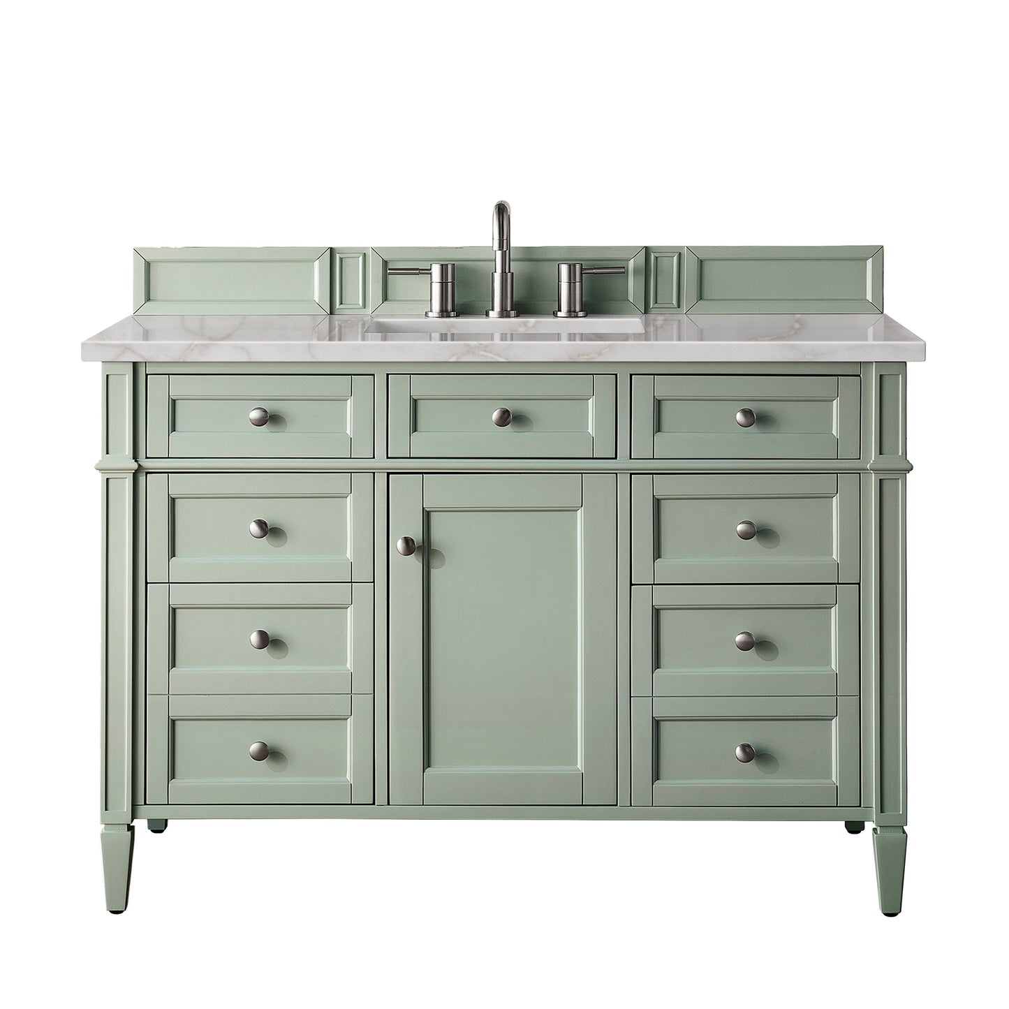 Renovate for Less Atlanta Brittany 48" Single Vanity, Sage Green w/ 3 CM Victorian Silver Silestone Top w/FreePower Wireless Charger