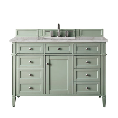 Renovate for Less Atlanta Brittany 48" Single Vanity, Sage Green w/ 3 CM Victorian Silver Silestone Top w/FreePower Wireless Charger