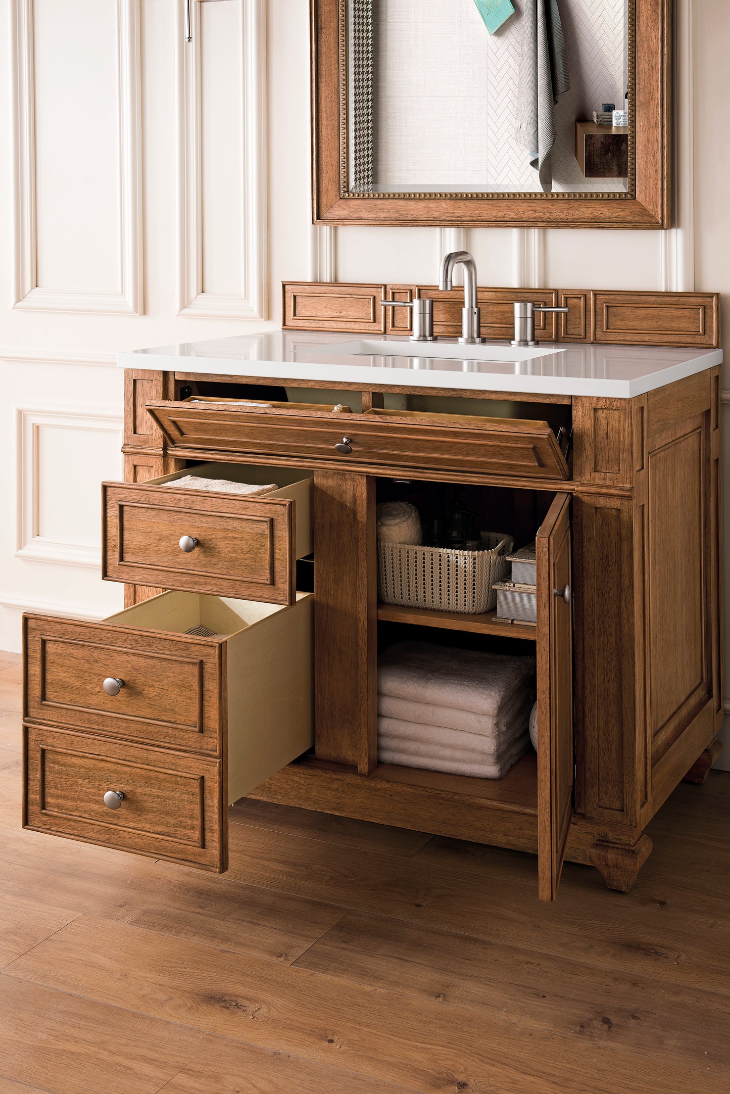 Renovate for Less Atlanta Bristol 36" Single Vanity, Saddle Brown w/ 3 CM White Zeus Silestone Top