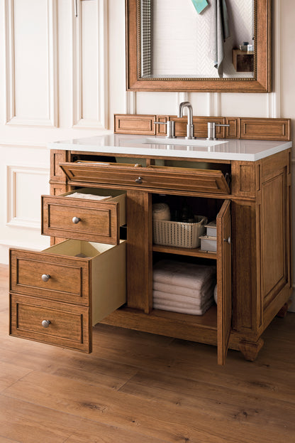 Renovate for Less Atlanta Bristol 36" Single Vanity, Saddle Brown w/ 3 CM White Zeus Silestone Top