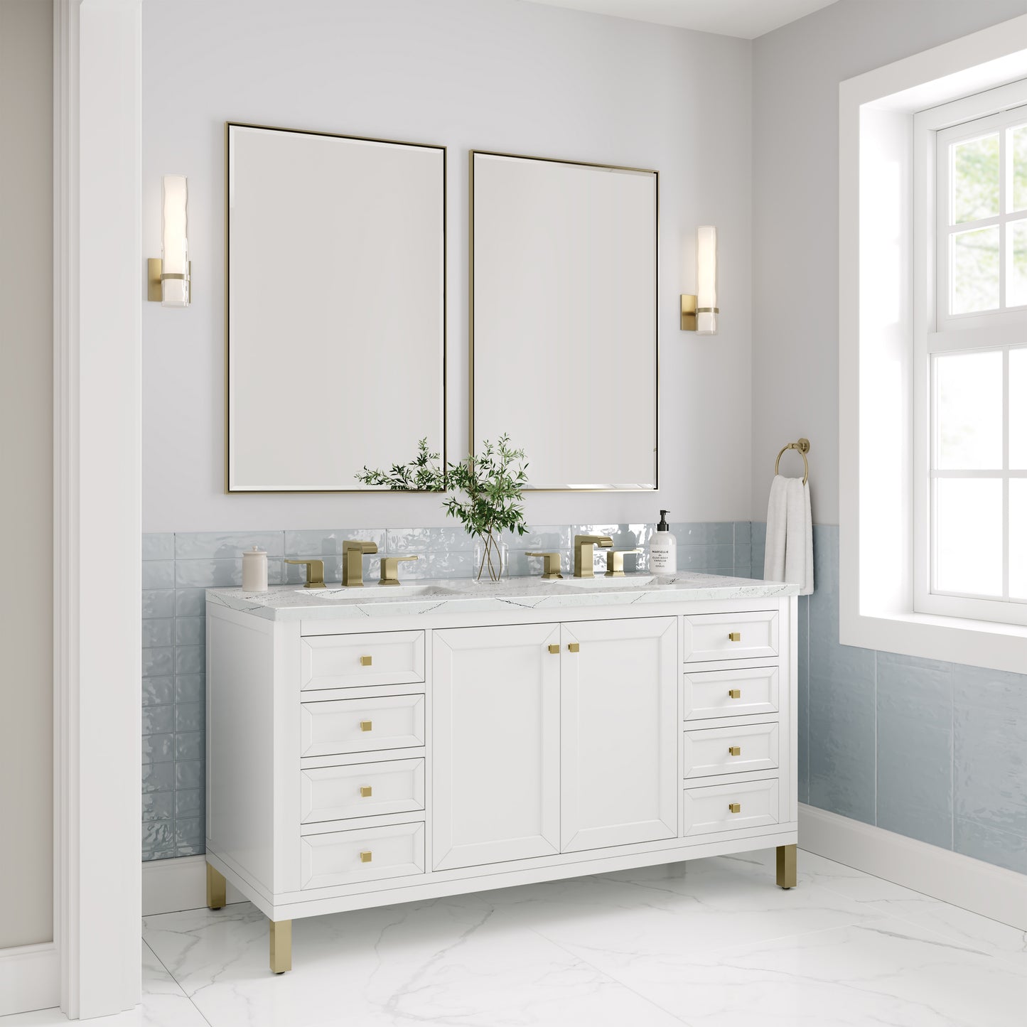 Renovate for Less Atlanta Chicago 60" Double Vanity, Glossy White, w/ 3 CM Ethereal Noctis Silestone® Top w/FreePower Wireless Charger