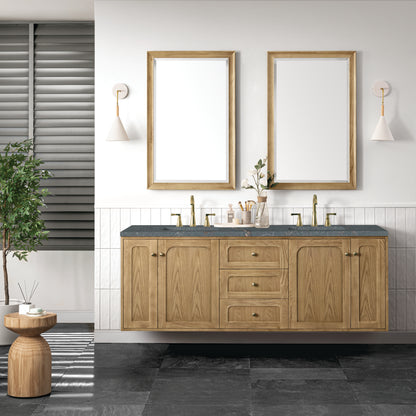 Renovate for Less Atlanta Laurent 72" Double Vanity, Light Natural Oak w/ 3 CM Parisien Bleu Top w/FreePower Wireless Charger