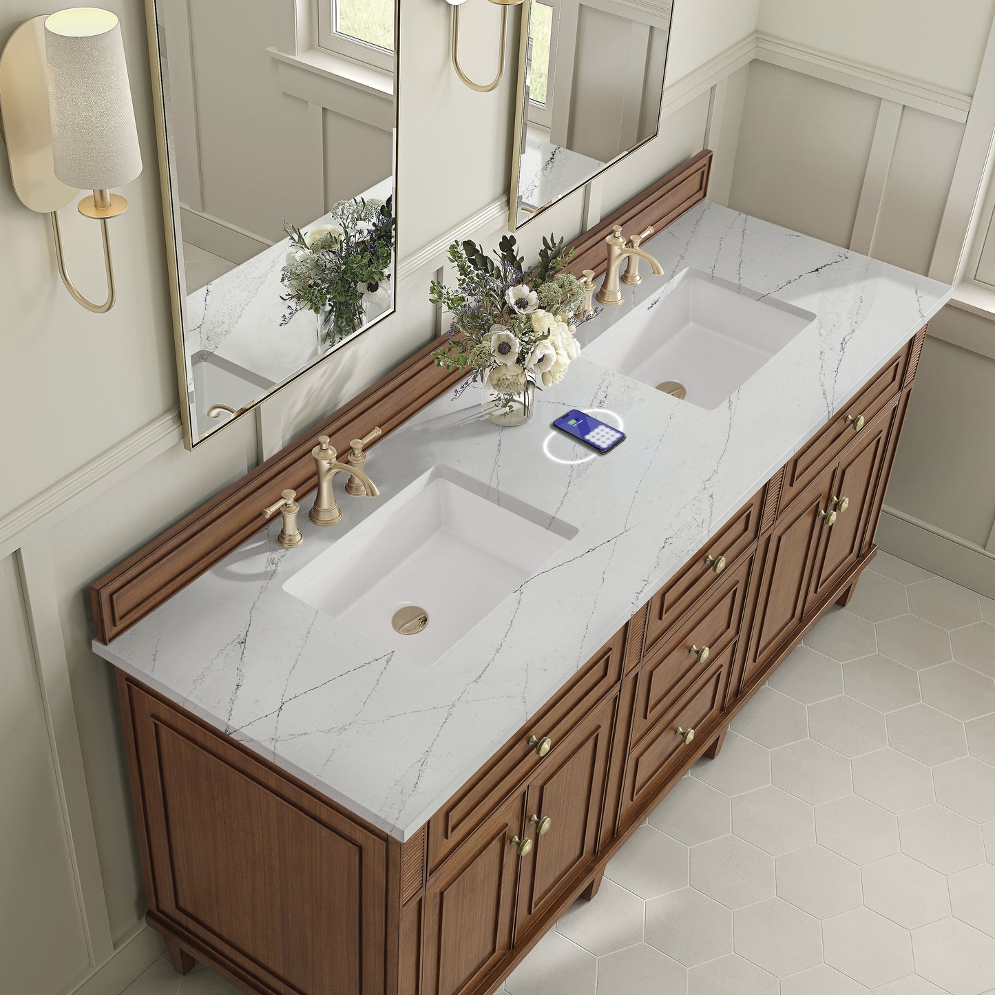Renovate for Less Atlanta Lorelai 72"Double Vanity, Mid-Century Walnut w/ 3 CM Ethereal Noctis Silestone Top w/FreePower Wireless Charger