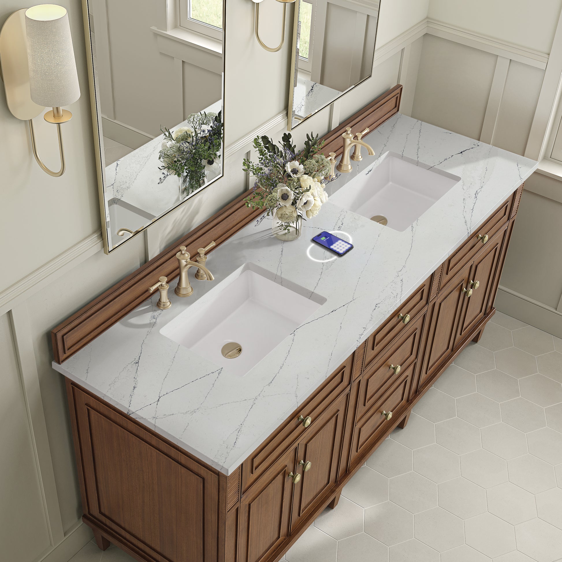 Renovate for Less Atlanta Lorelai 72"Double Vanity, Mid-Century Walnut w/ 3 CM Ethereal Noctis Silestone Top w/FreePower Wireless Charger