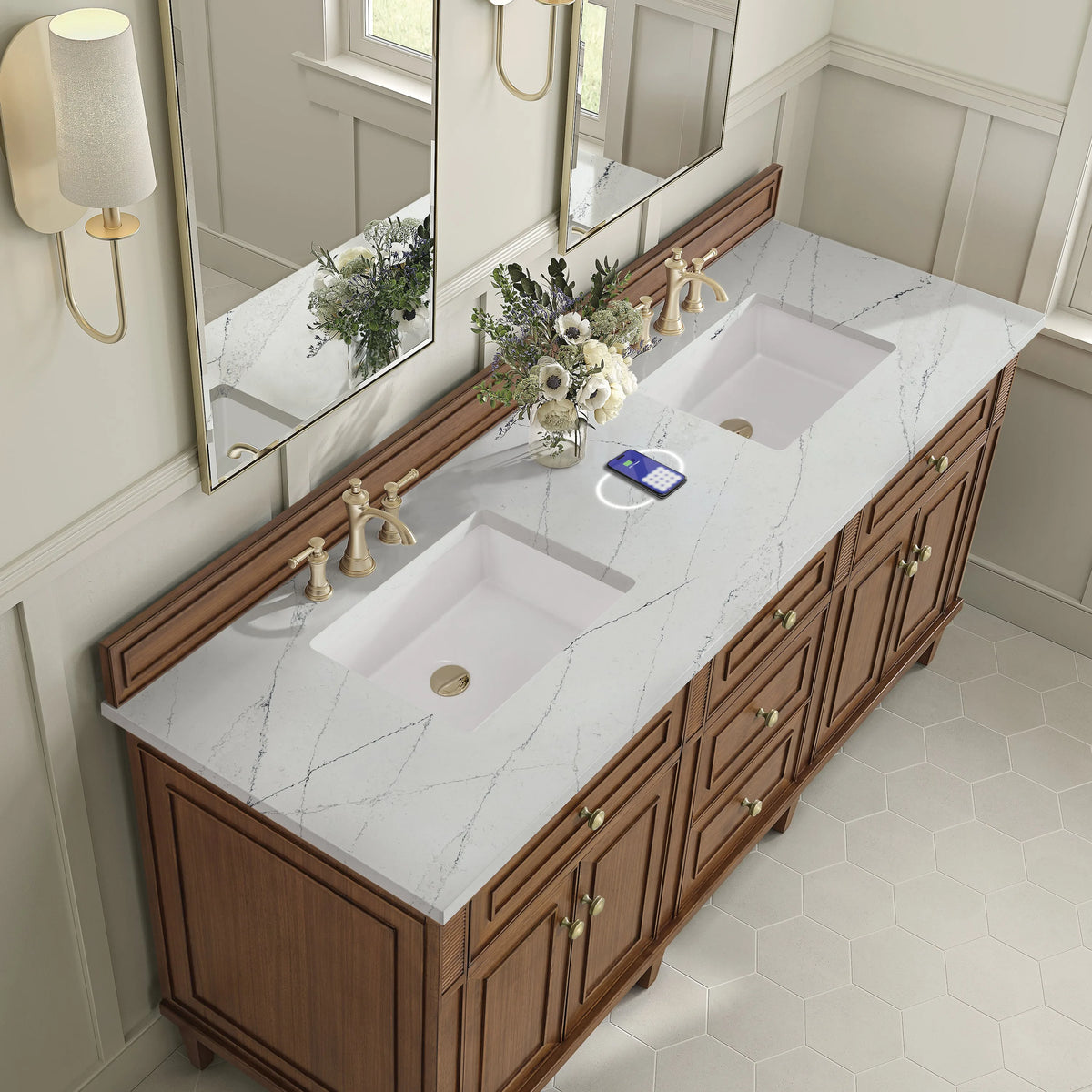 Lorelai 72"Double Vanity, Mid-Century Walnut w/ 3 CM Ethereal Noctis Silestone Top w/FreePower Wireless Charger
