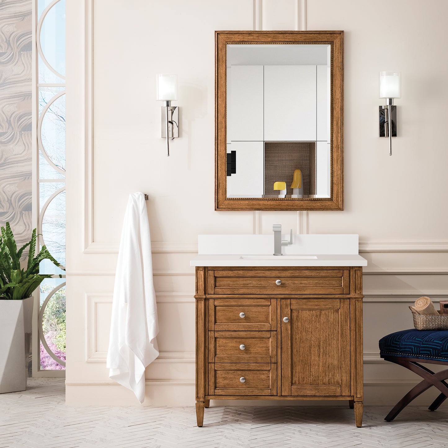 Renovate for Less Atlanta Brittany 36" Single Vanity, Saddle Brown w/ Single Hole 3 CM White Zeus Silestone Top & Backsplash