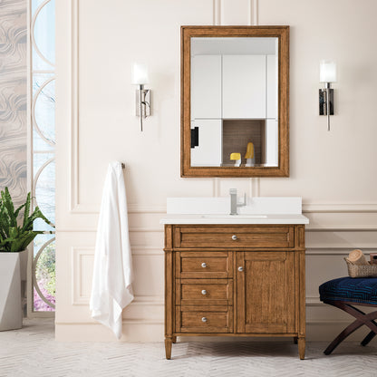 Renovate for Less Atlanta Brittany 36" Single Vanity, Saddle Brown w/ Single Hole 3 CM White Zeus Silestone Top & Backsplash