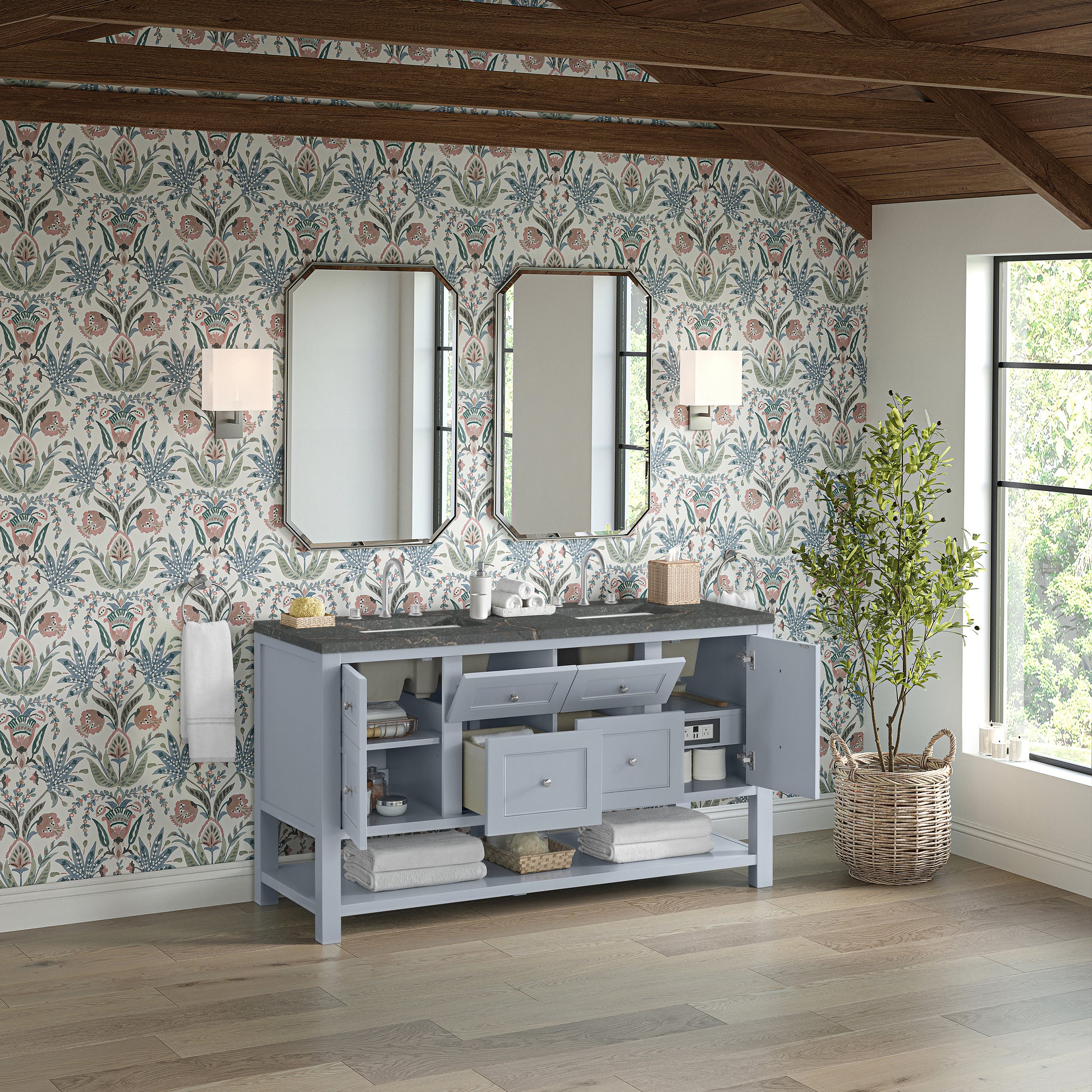 Renovate for Less Atlanta Breckenridge 60" Double Vanity, Serenity Blue w/ 3 CM Parisien Bleu Top w/FreePower Wireless Charger