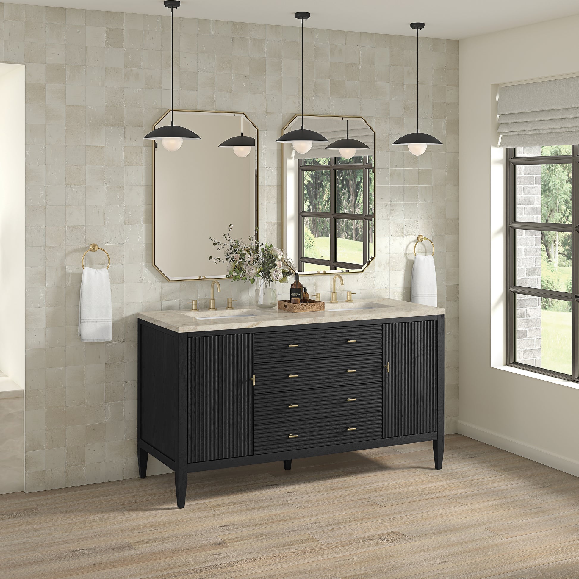 Renovate for Less Atlanta Myrrin 60" Double Vanity, Carbon Oak, w/ 3 CM Tajnar Eclos Top w/FreePower Wireless Charger