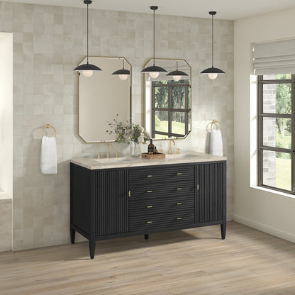 Renovate for Less Atlanta Myrrin 60" Double Vanity, Carbon Oak, w/ 3 CM Tajnar Eclos Top w/FreePower Wireless Charger