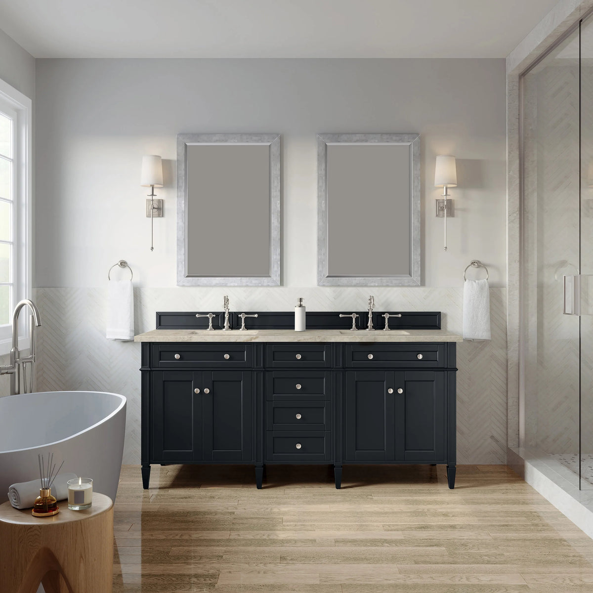 Brittany 72" Double Vanity, Black Onyx, w/ 3 CM Tajnar Eclos Top w/FreePower Wireless Charger
