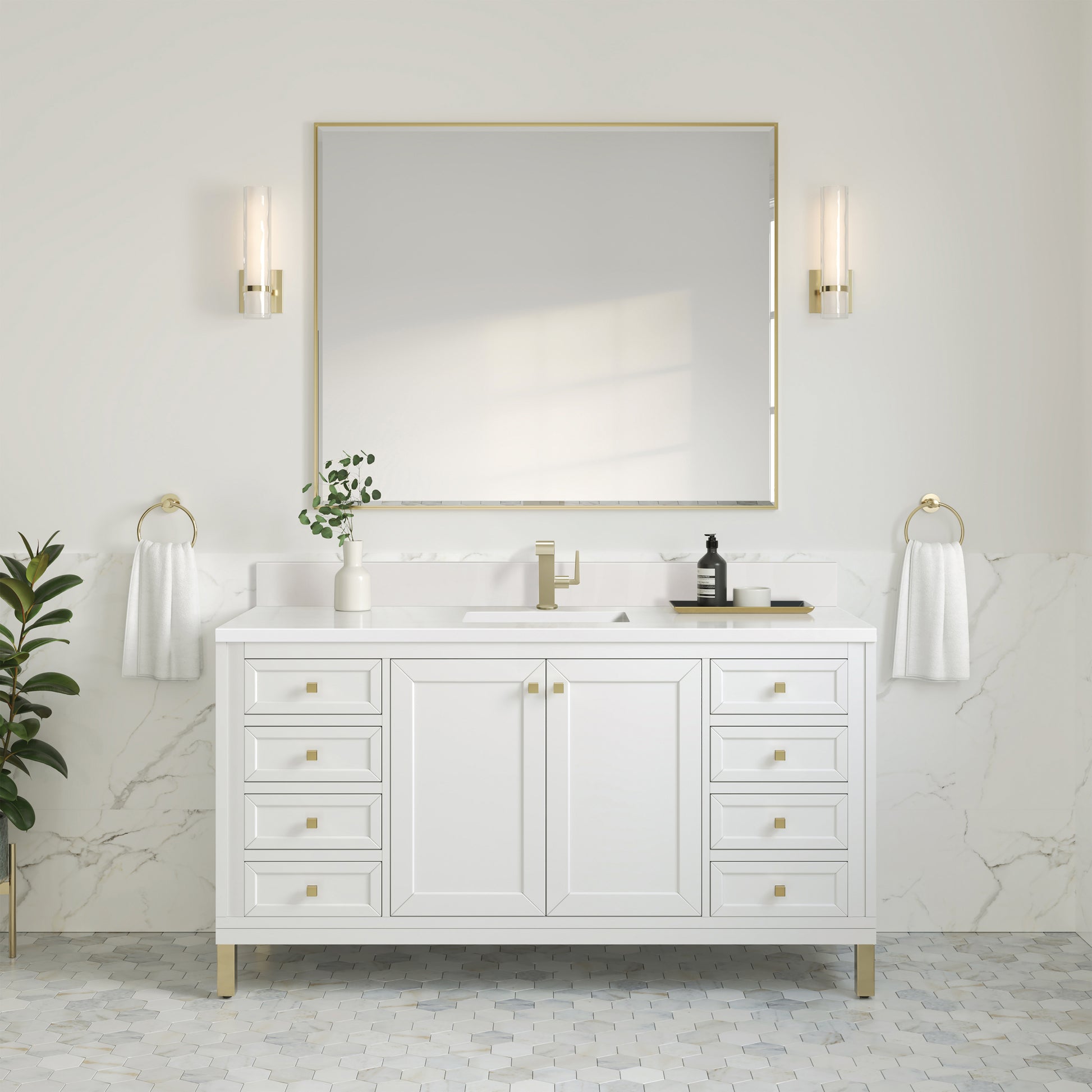 Renovate for Less Atlanta Chicago 60" Single Vanity, Glossy White, w/ Single Hole 3CM White Zeus Silestone® Top & Backsplash