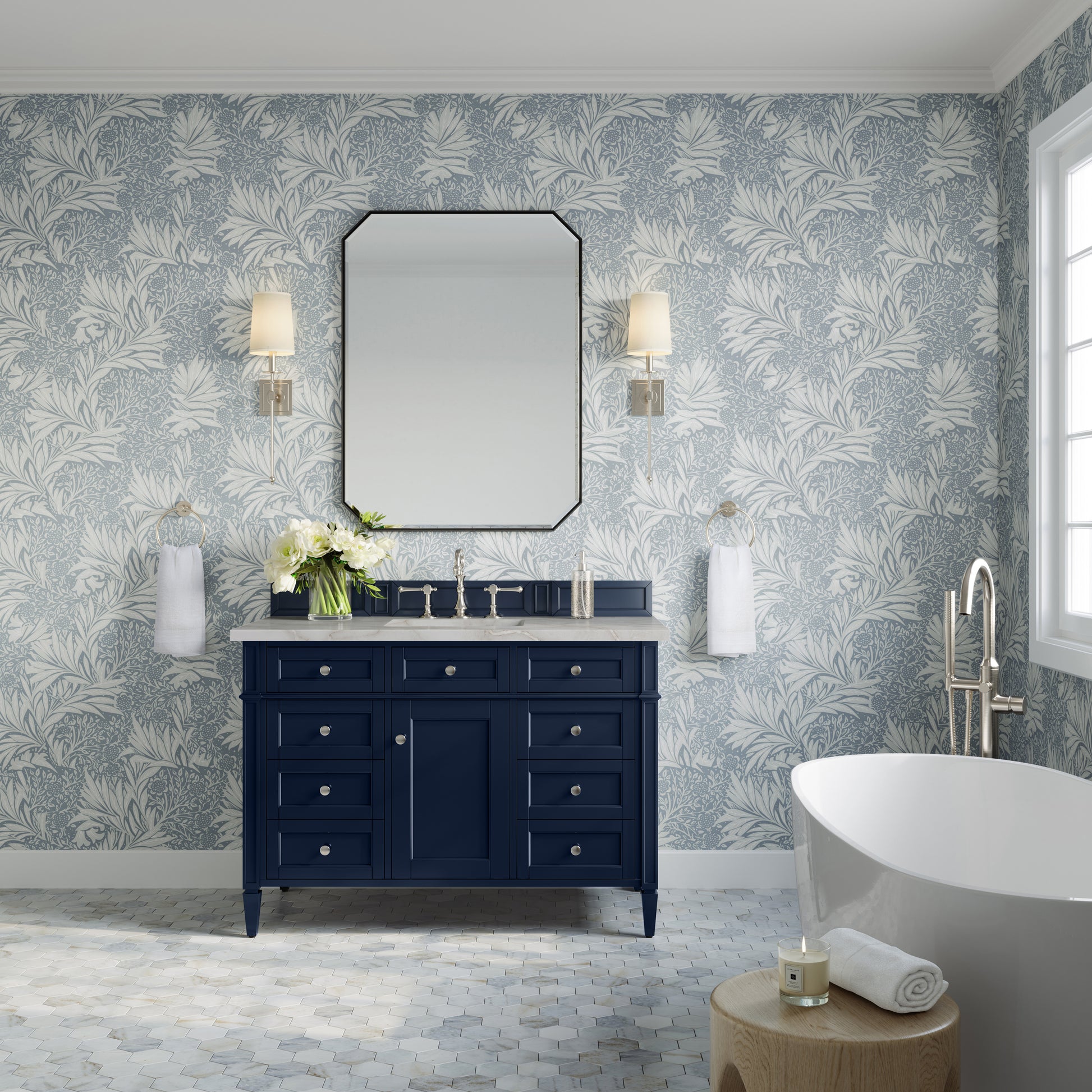 Renovate for Less Atlanta Brittany 48" Single Vanity, Victory Bleu w/ 3 CM Victorian Silver Silestone Top