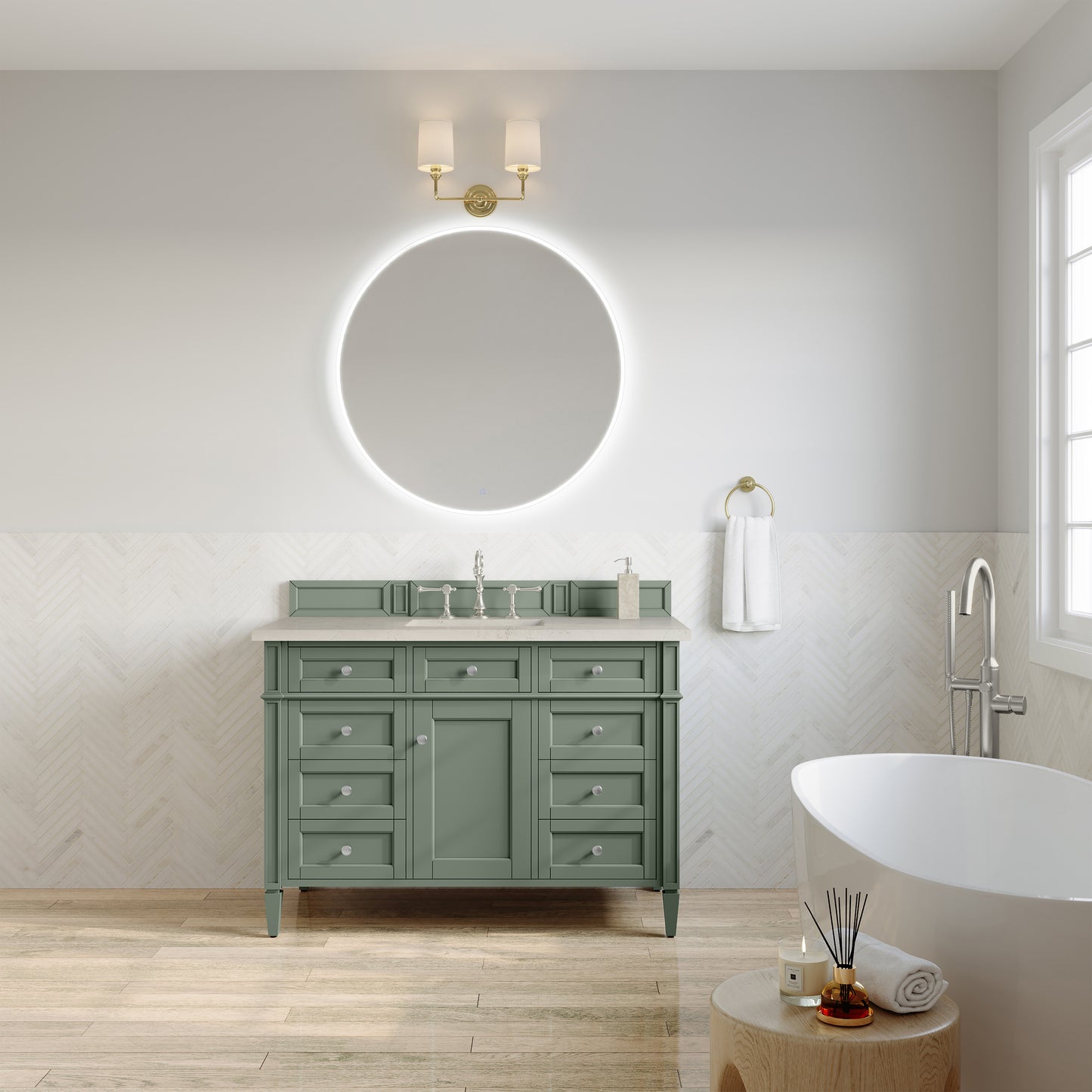 Renovate for Less Atlanta Brittany 48" Single Vanity, Smokey Celadon, w/ 3 CM Siberian Silestone Top