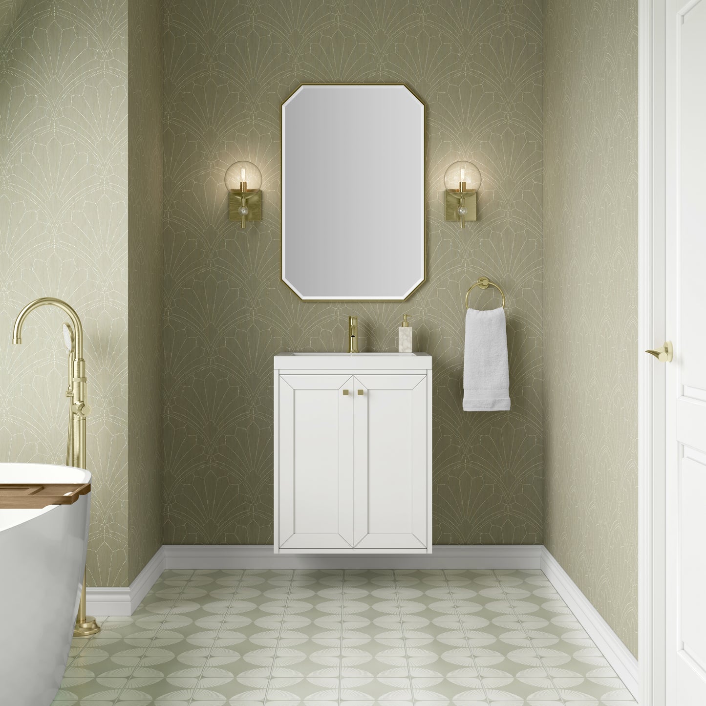 Renovate for Less Atlanta Chianti 24" Single Vanity, Glossy White, Champagne Brass, w/ White Glossy Composite Stone Top