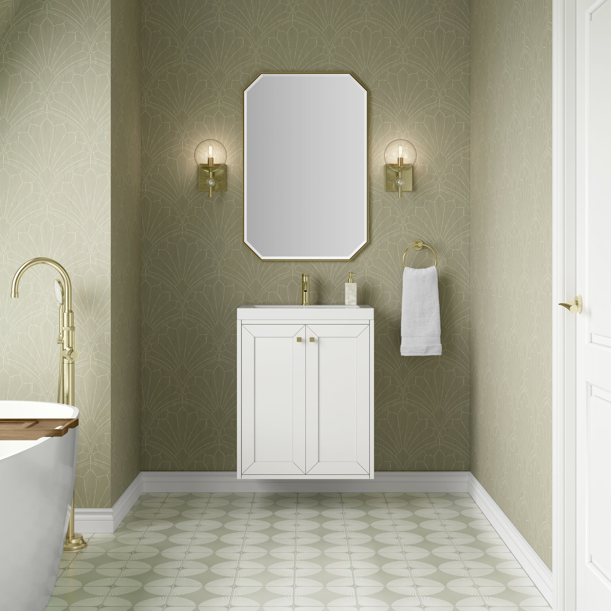 Renovate for Less Atlanta Chianti 24" Single Vanity, Glossy White, Champagne Brass, w/ White Glossy Composite Stone Top