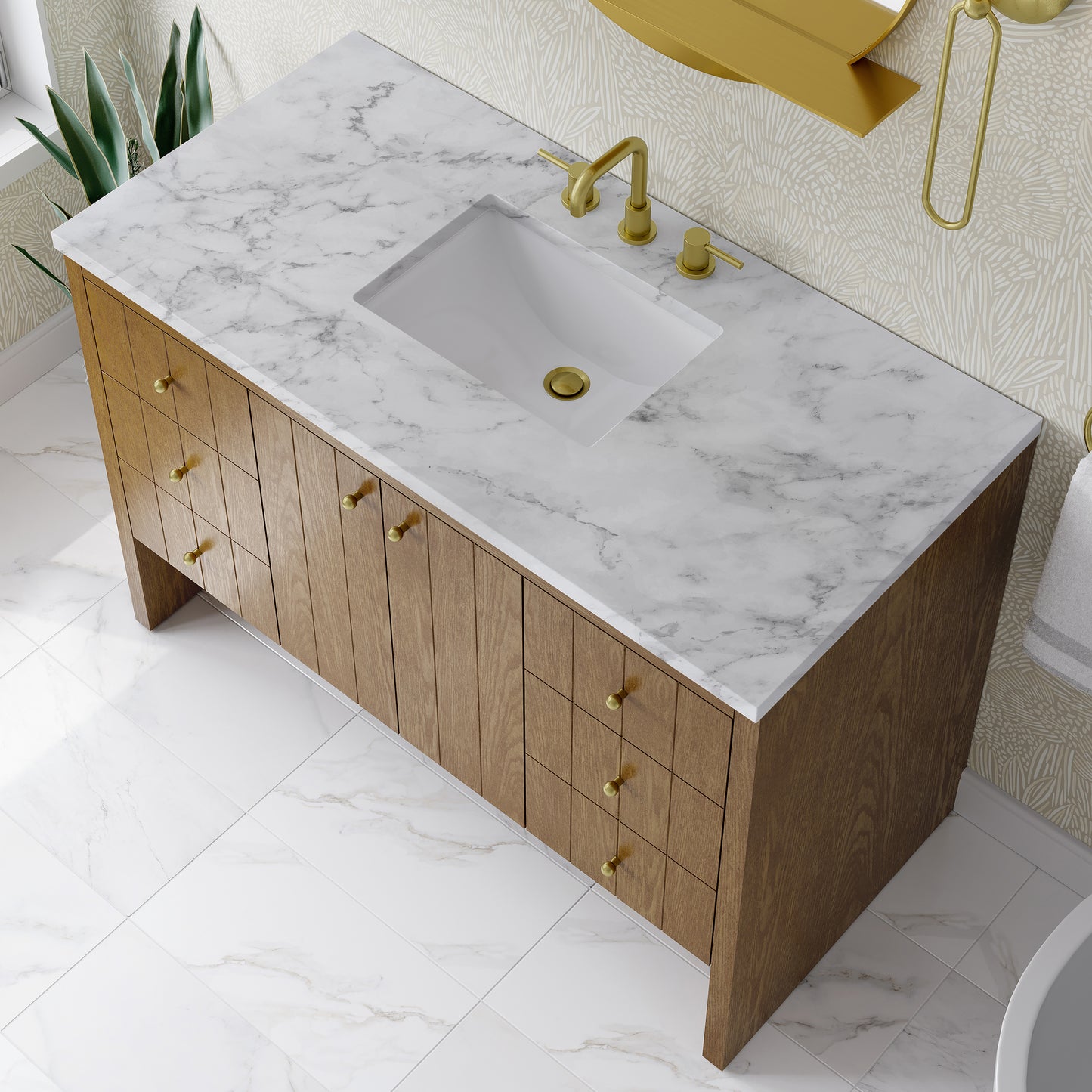 Renovate for Less Atlanta Hudson 48" Single Vanity, Honey Oak w/ 3 CM Carrara Marble Top