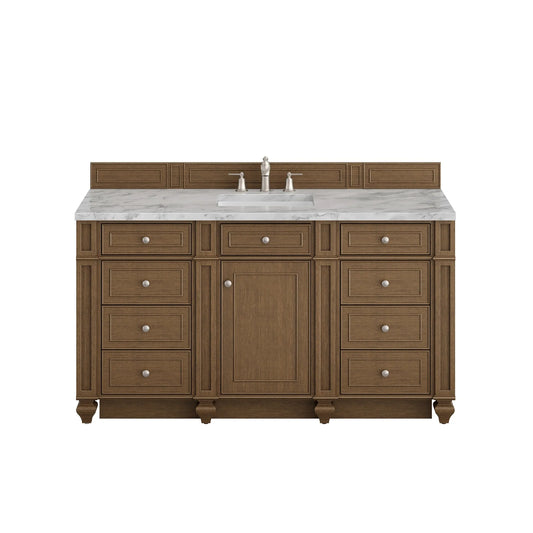 Bristol 60" Single Vanity, Saddle Brown w/ 3 CM Carrara Marble Top