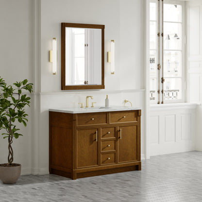 Renovate for Less Atlanta Bellshire 48" Single Vanity, Honey Oak w/ 3 CM Ethereal Noctis Silestone Top