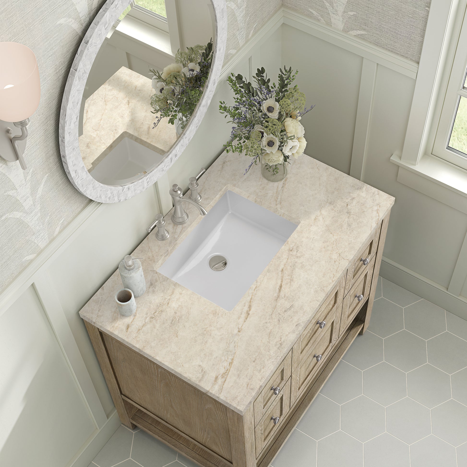Renovate for Less Atlanta Breckenridge 36" Single Vanity, Whitewashed Oak, w/ 3 CM Tajnar Eclos Top