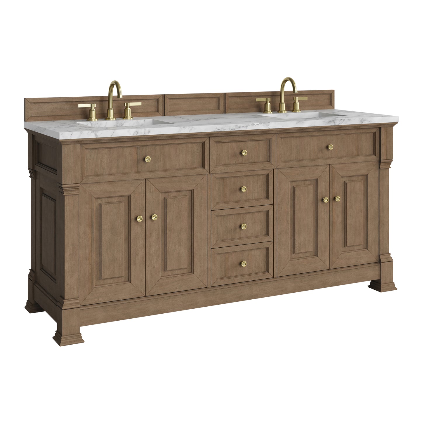 Renovate for Less Atlanta Brookfield 72" Double Vanity, Pecan w/ 3 CM Carrara White Marble Top