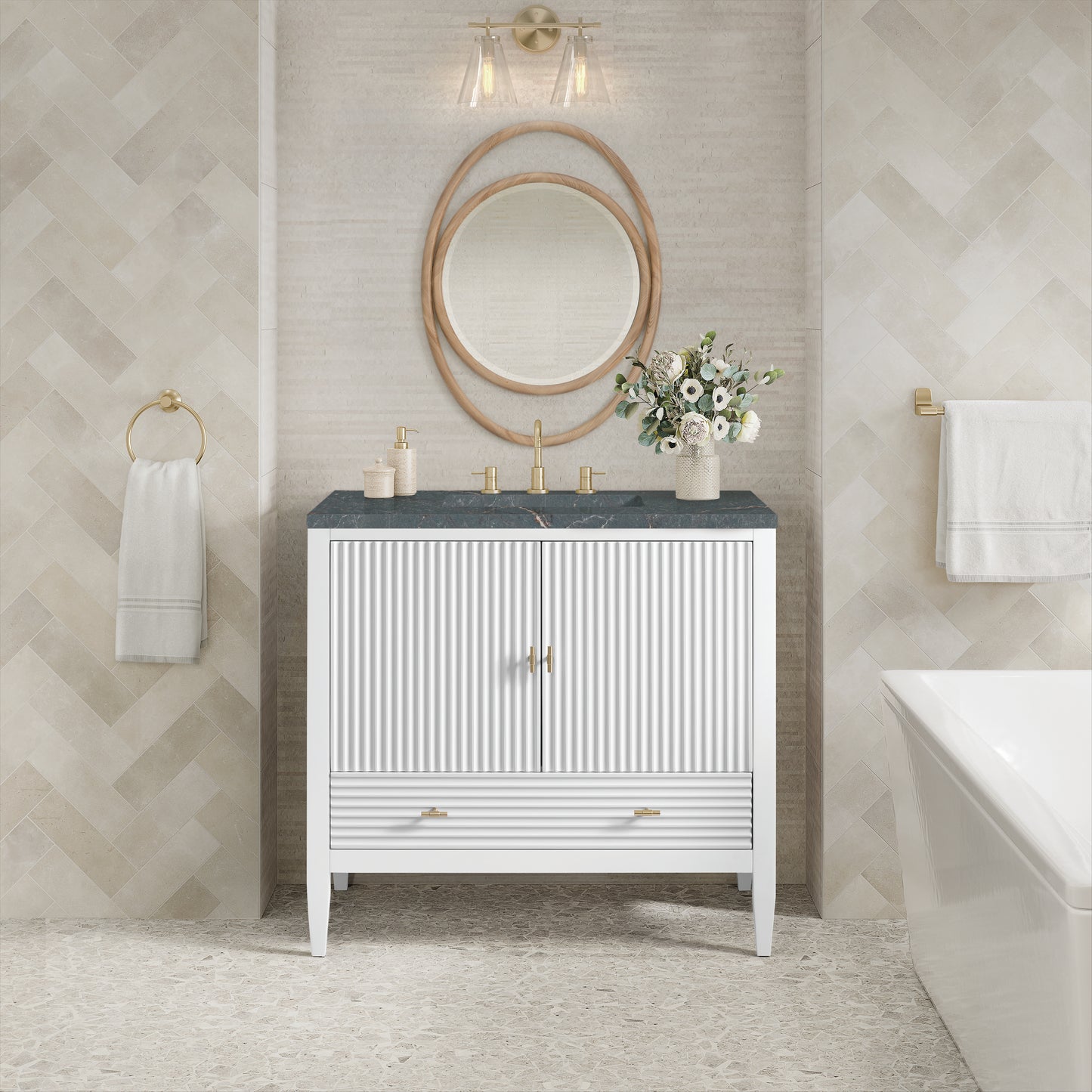 Renovate for Less Atlanta Myrrin 36" Vanity, Bright White w/ 3 CM Parisien Bleu Silestone Top