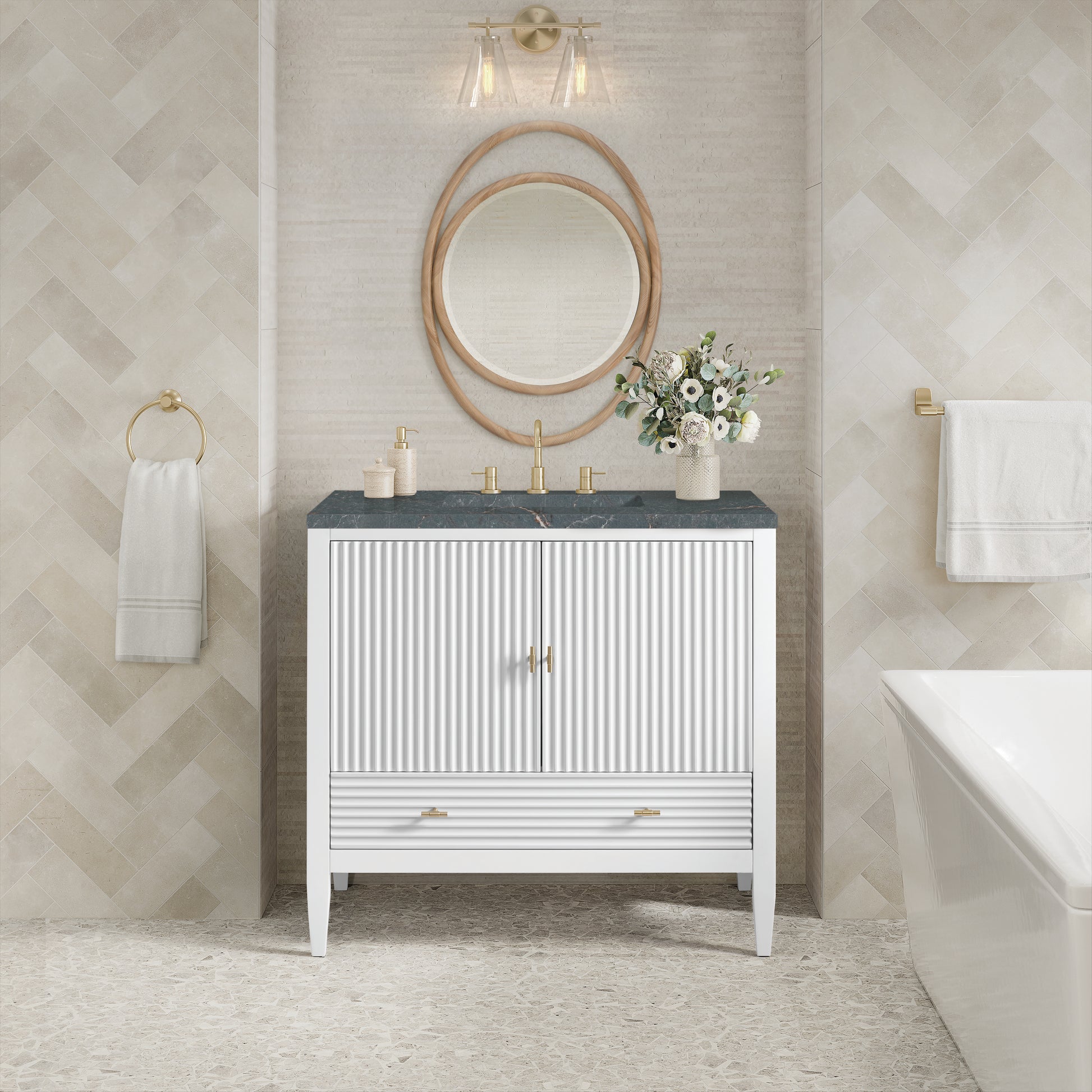 Renovate for Less Atlanta Myrrin 36" Vanity, Bright White w/ 3 CM Parisien Bleu Silestone Top