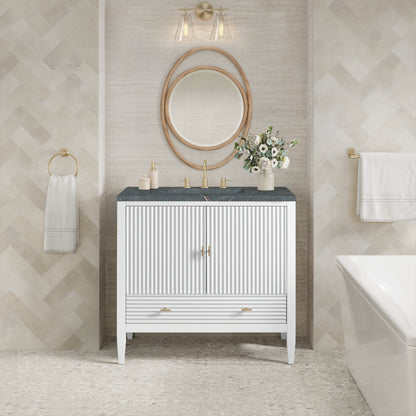 Renovate for Less Atlanta Myrrin 36" Vanity, Bright White w/ 3 CM Parisien Bleu Silestone Top