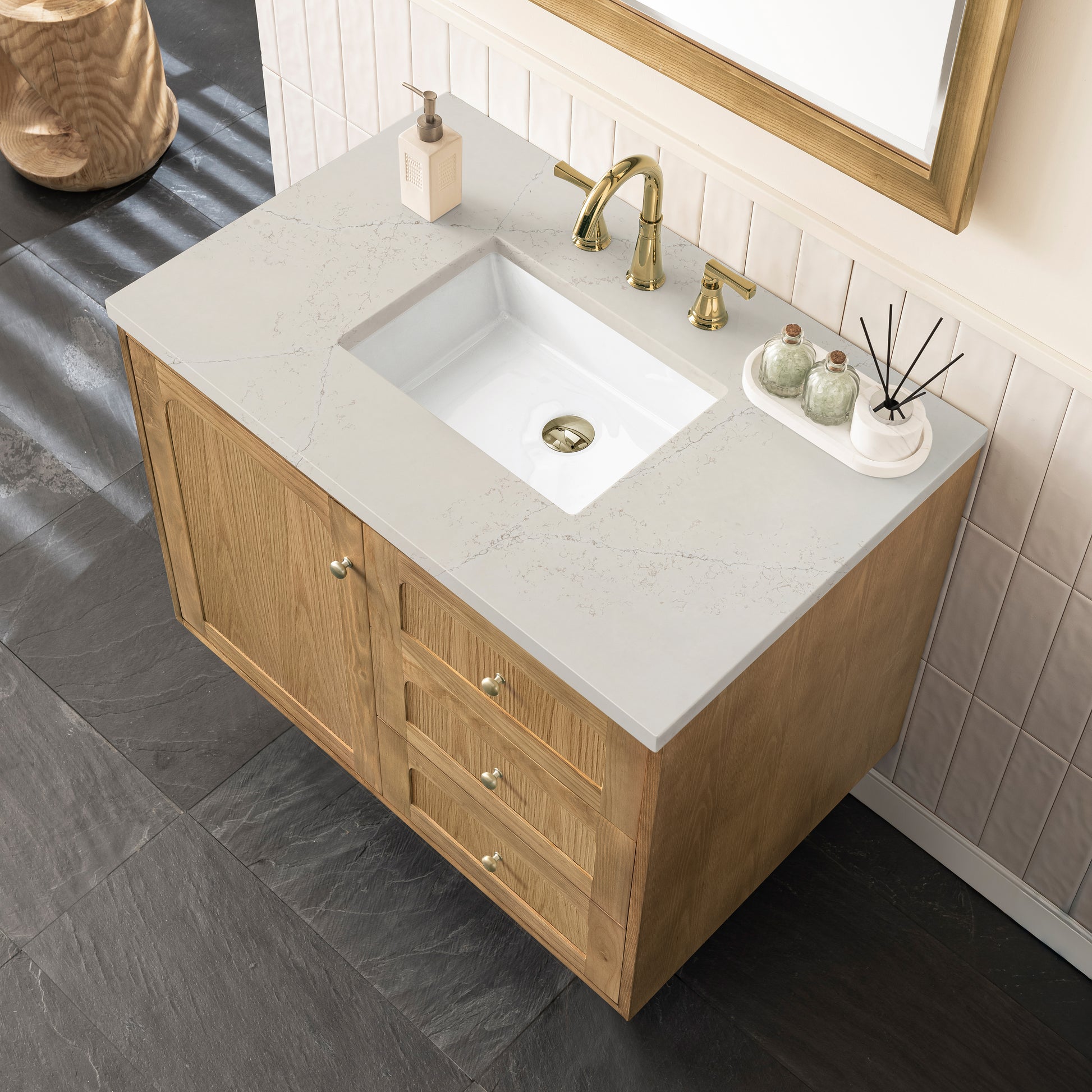 Renovate for Less Atlanta Laurent 36" Single Vanity, Light Natural Oak, w/ 3 CM Siberian Silestone Top