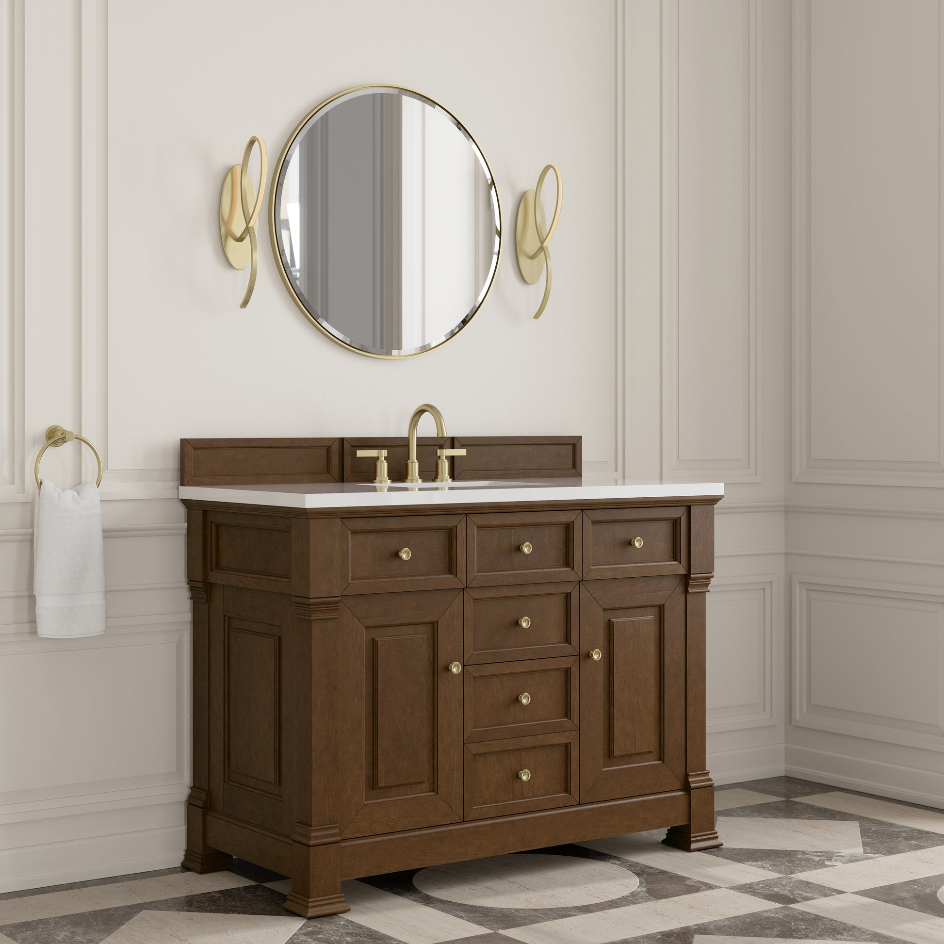 Renovate for Less Atlanta Brookfield 48" Single Vanity, Honey Oak,  w/ 3 CM White Zeus Silestone Top