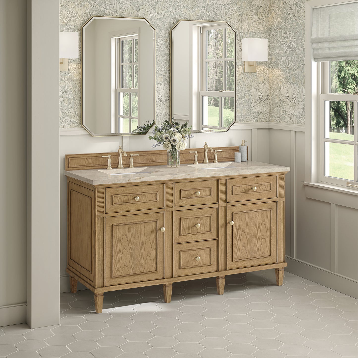 Renovate for Less Atlanta Lorelai 60" Double Vanity, Light Natural Oak, w/ 3 CM Tajnar Eclos Top w/FreePower Wireless Charger