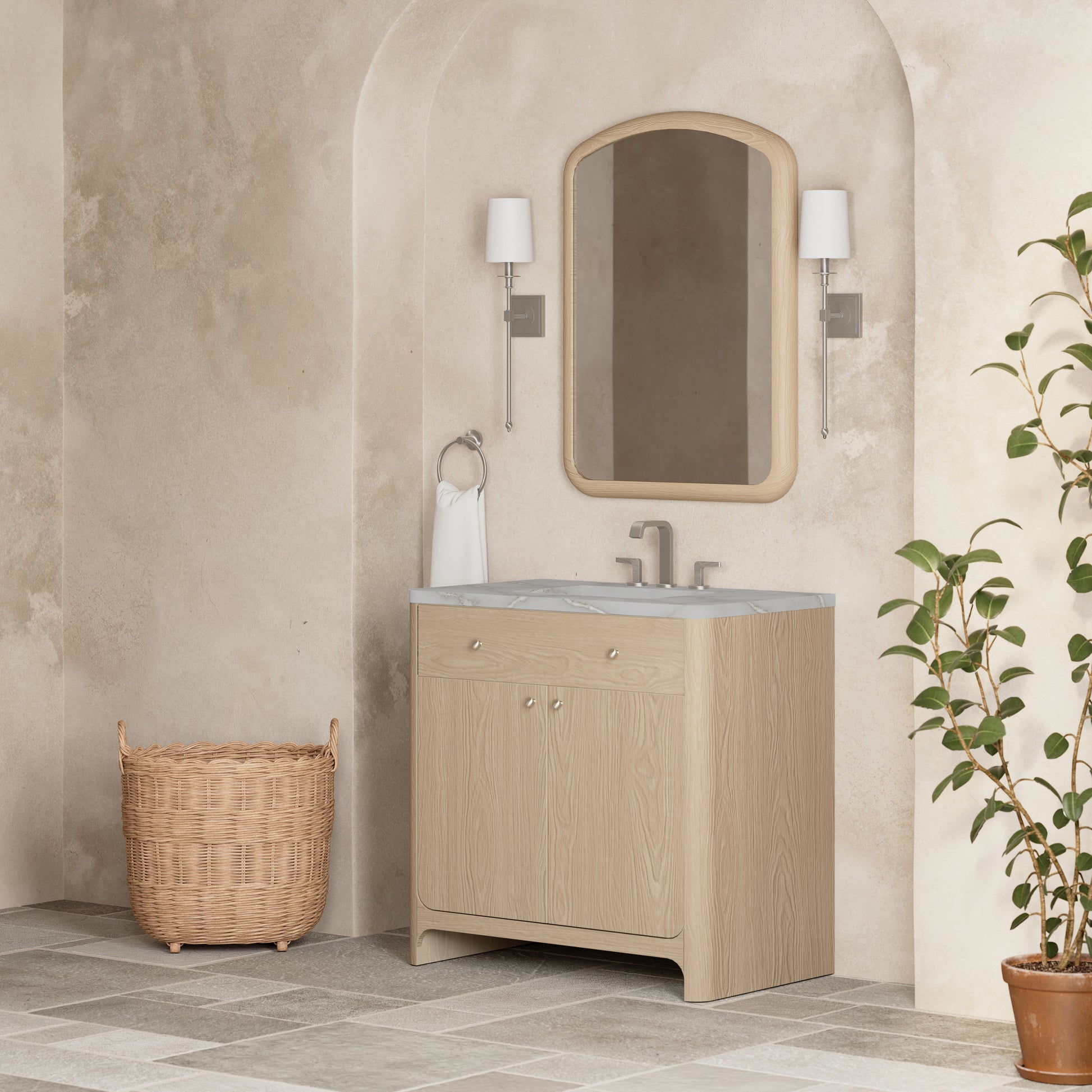 Renovate for Less Atlanta Gracyn 36" Single Vanity, Coastal Driftwood, w/ 3 CM Victorian Silver Quartz Widespread Top