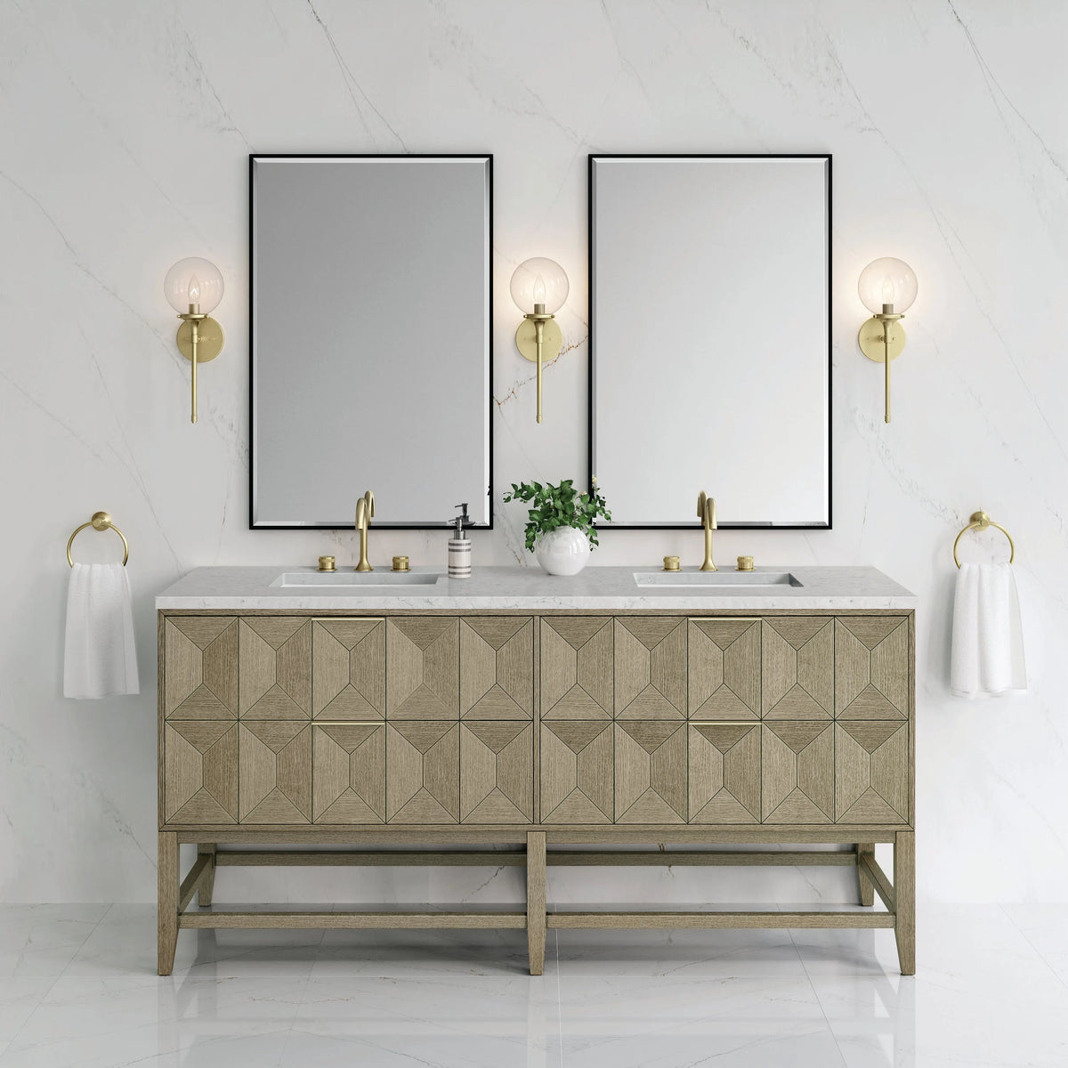 Emmeline 72" Double Vanity, Pebble Oak w/ 3 CM Eternal Jasmine Pearl Top