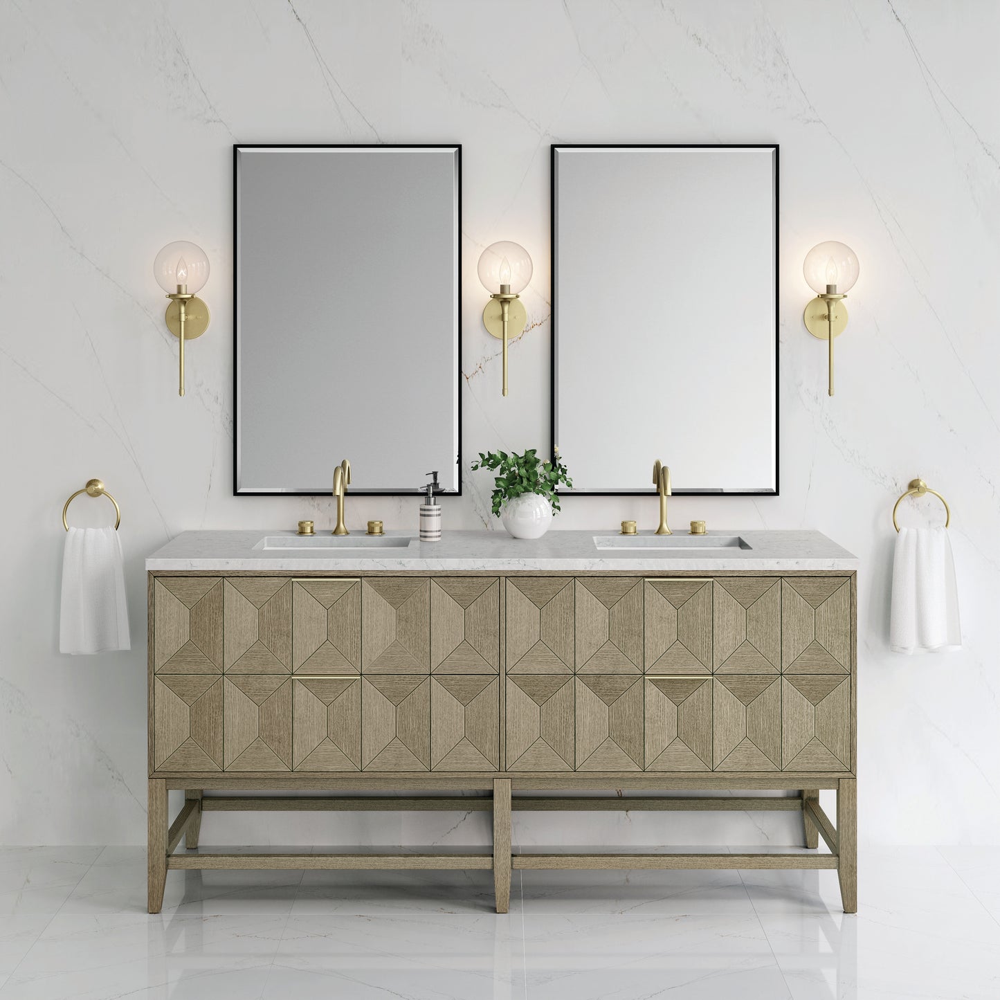 Renovate for Less Atlanta Emmeline 72" Double Vanity, Pebble Oak w/ 3 CM Eternal Jasmine Pearl Top
