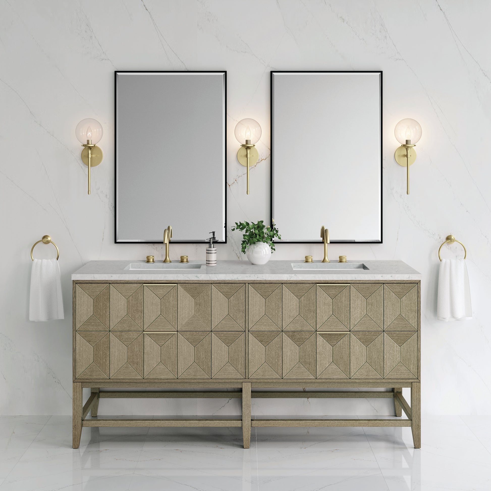 Renovate for Less Atlanta Emmeline 72" Double Vanity, Pebble Oak w/ 3 CM Eternal Jasmine Pearl Top