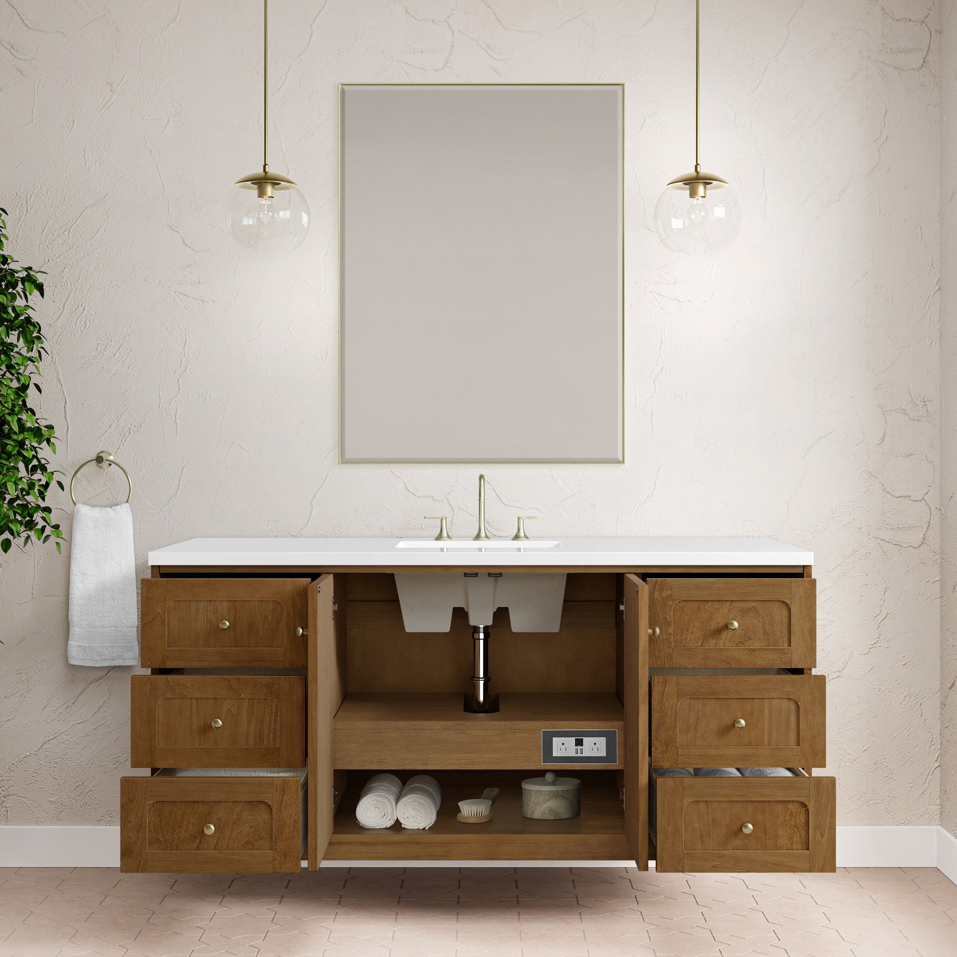 Renovate for Less Atlanta Laurent 60" Single Vanity, Honey Oak w/ 3 CM White Zeus Silestone Top