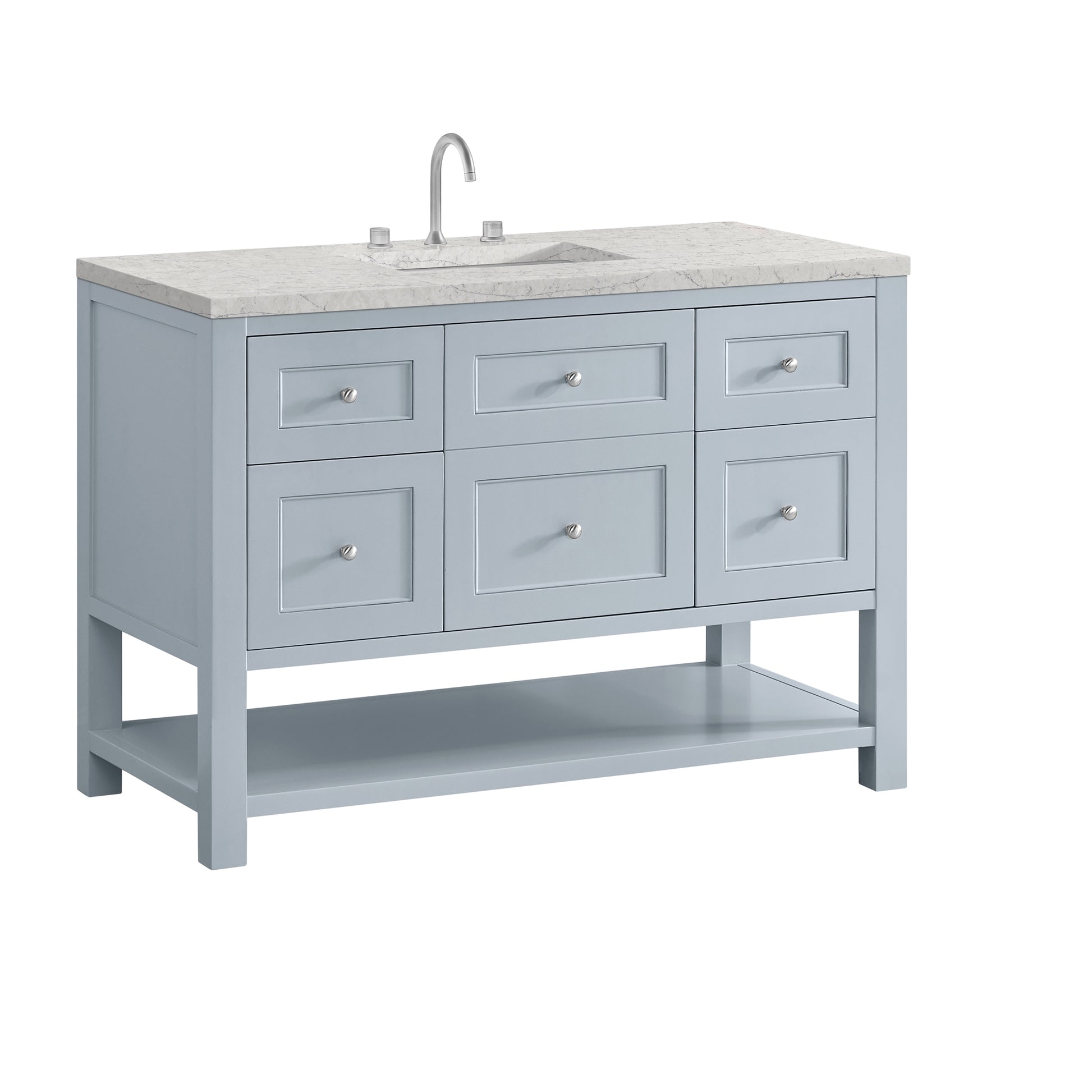 Renovate for Less Atlanta Breckenridge 48" Single Vanity, Serenity Blue, w/ 3 CM Eternal Jasmine Pearl Quartz Top w/FreePower Wireless Charger