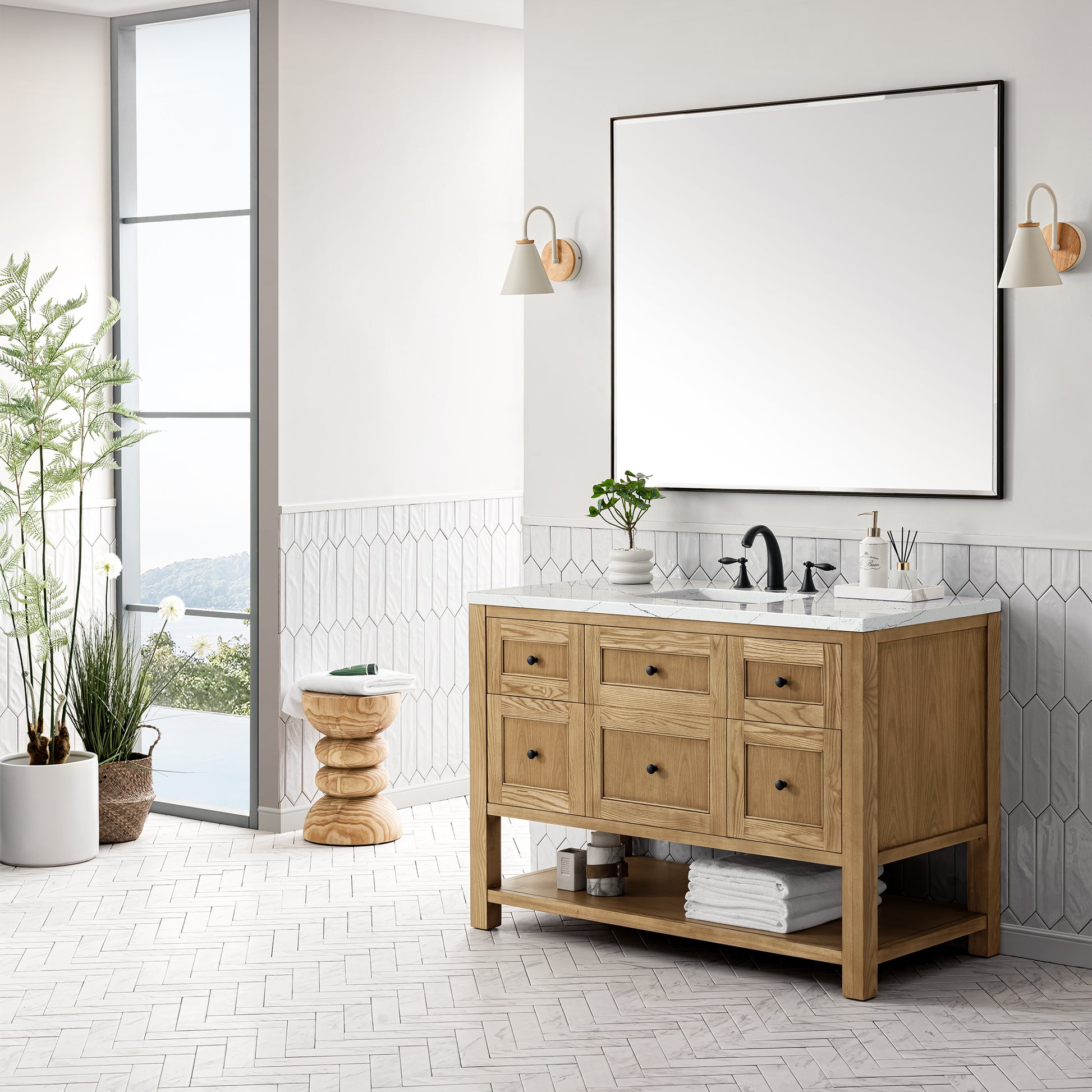 Renovate for Less Atlanta Breckenridge 48" Single Vanity, Light Natural Oak w/ 3 CM Ethereal Noctis Top w/FreePower Wireless Charger