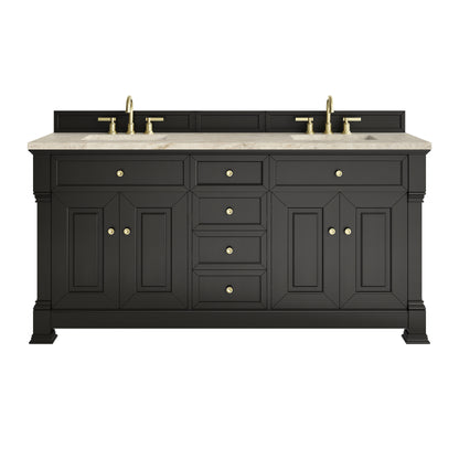 Renovate for Less Atlanta Brookfield 72" Double Vanity, Black Onyx, w/ 3 CM Tajnar Eclos Top w/FreePower Wireless Charger