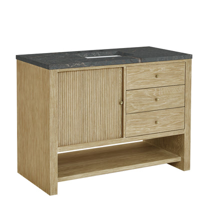 Renovate for Less Atlanta Marigot 48" Single Vanity, Sunwashed Oak w/ 3 CM Parisien Bleu Silestone Top w/ FreePower Wireless Charger