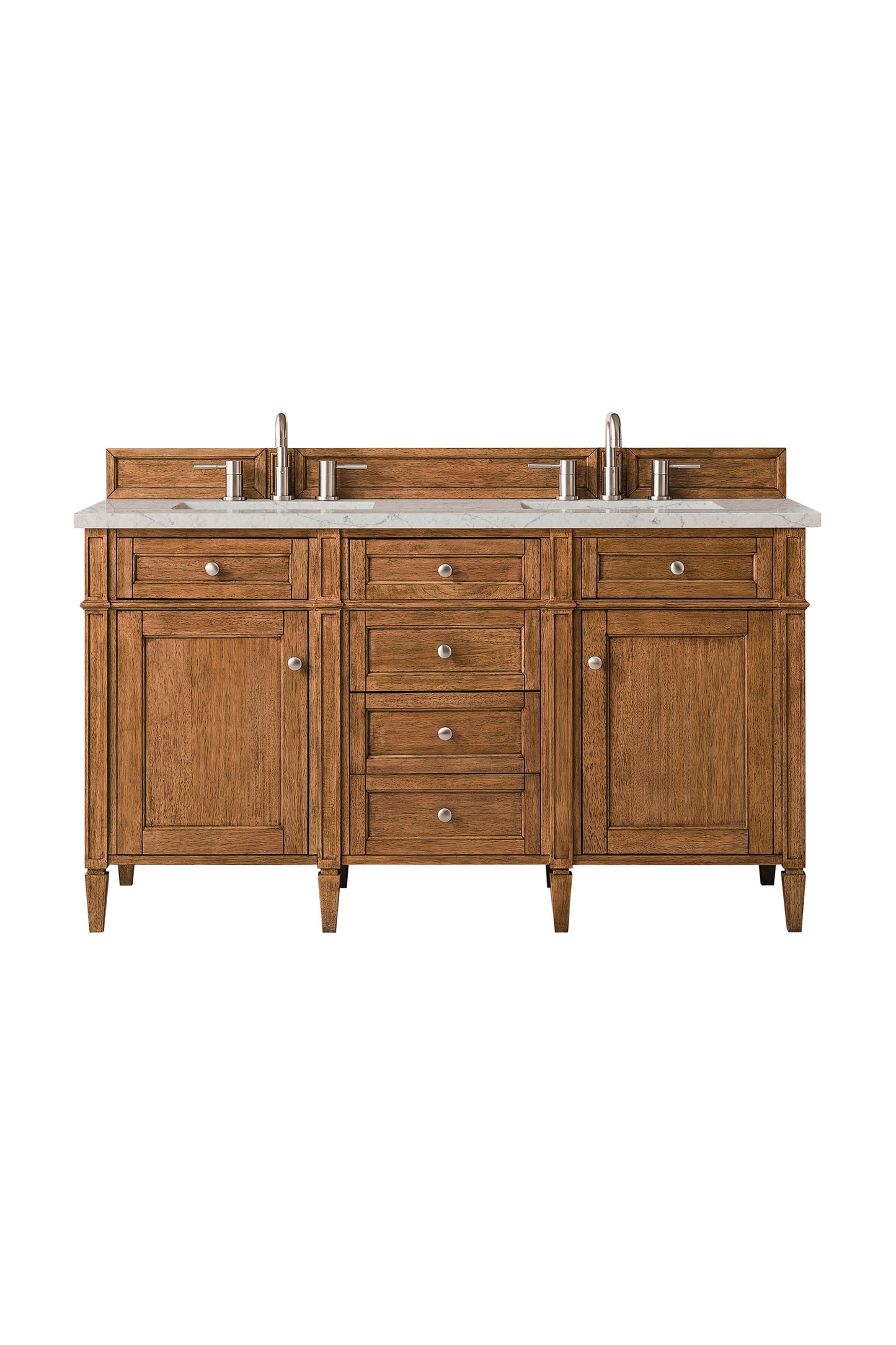 Renovate for Less Atlanta Brittany 60" Double Vanity, Saddle Brown w/ 3 CM Eternal Jasmine Pearl Silestone Top