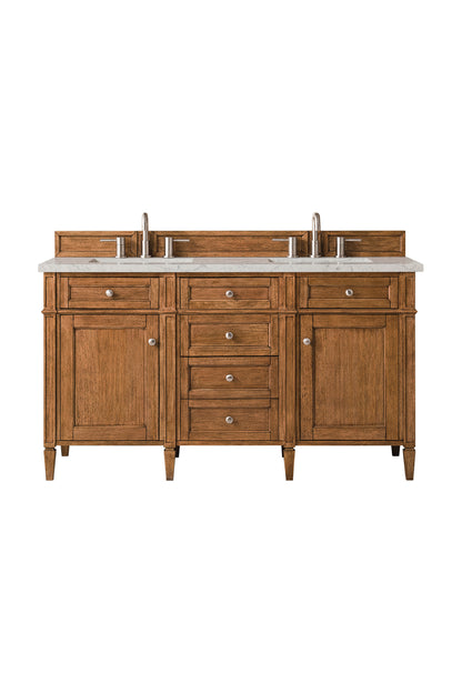 Renovate for Less Atlanta Brittany 60" Double Vanity, Saddle Brown w/ 3 CM Eternal Jasmine Pearl Silestone Top