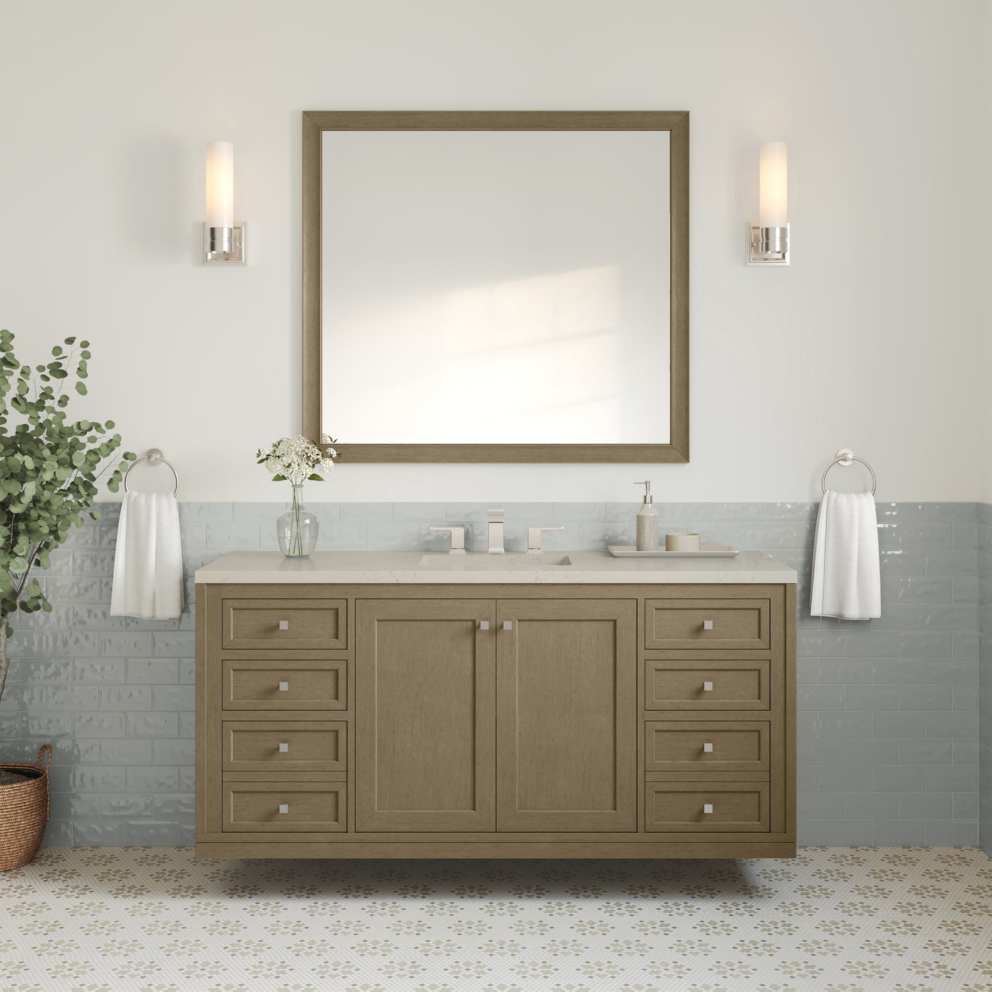 Renovate for Less Atlanta Chicago 60" Single Vanity, Walnut Whisper, w/ 3 CM Siberian Silestone Top w/FreePower Wireless Charger