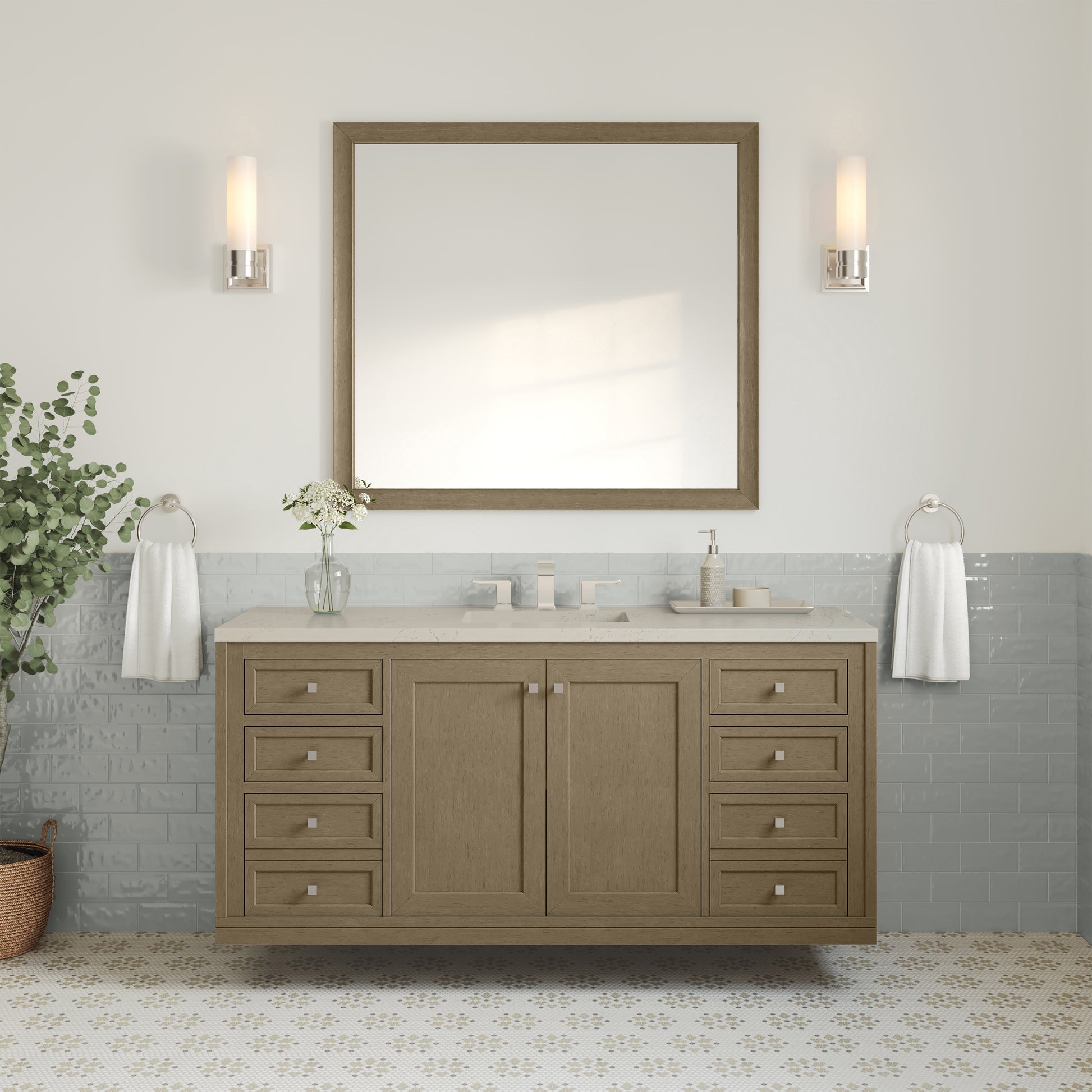 Renovate for Less Atlanta Chicago 60" Single Vanity, Walnut Whisper, w/ 3 CM Siberian Silestone Top w/FreePower Wireless Charger