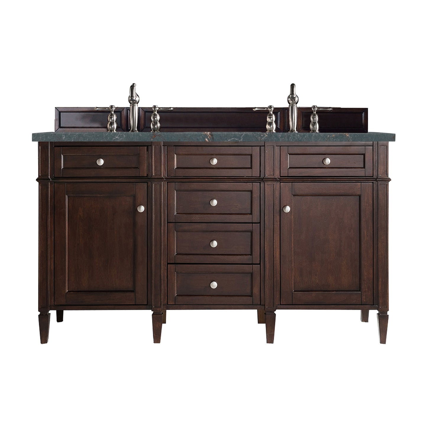 Renovate for Less Atlanta Brittany 60" Double Vanity, Burnished Mahogany w/ 3 CM Parisien Bleu Silestone Top w/FreePower Wireless Charger